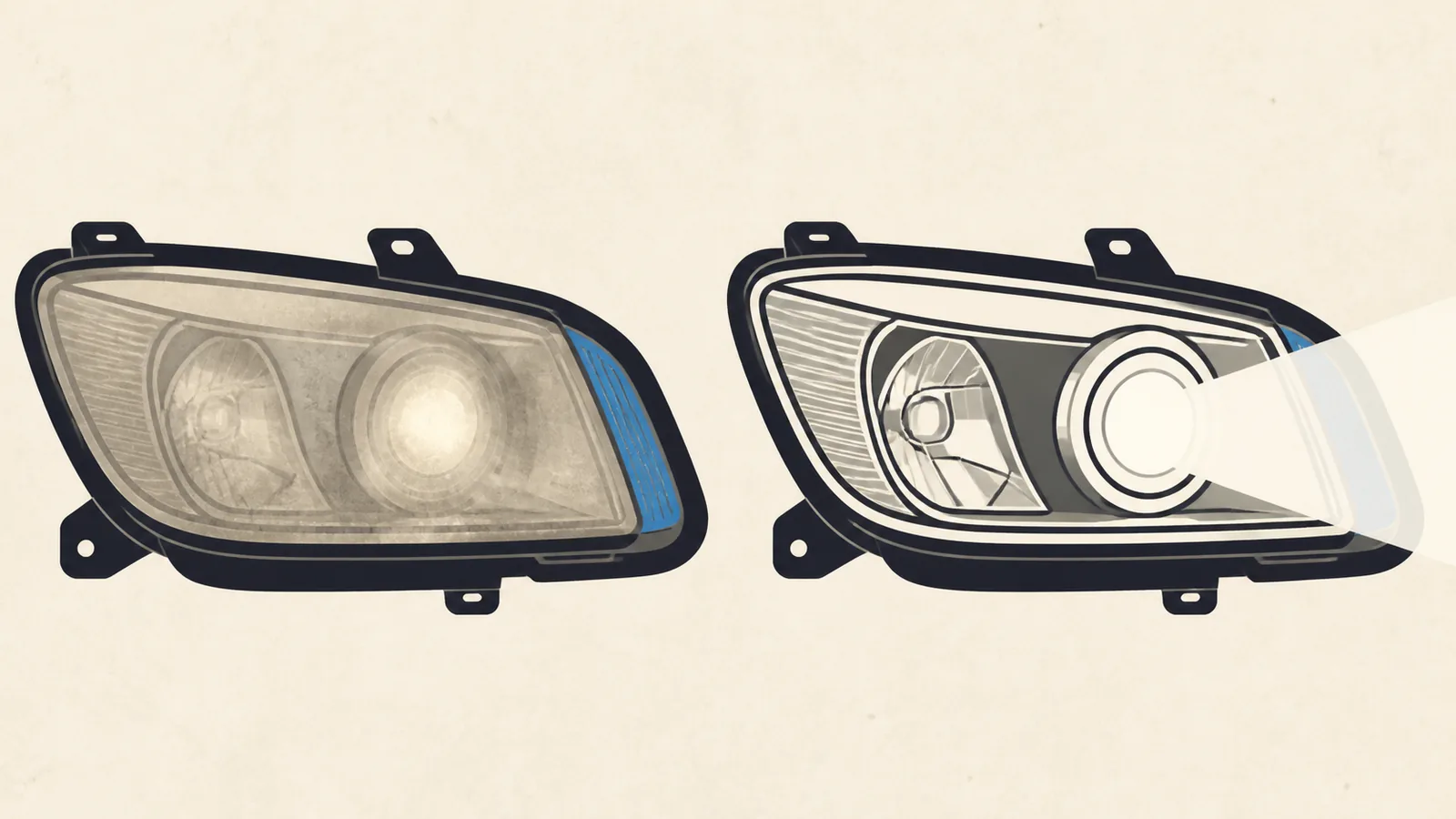 Flat illustration comparing a yellowed foggy headlight with a restored clear headlight throwing a bright beam.