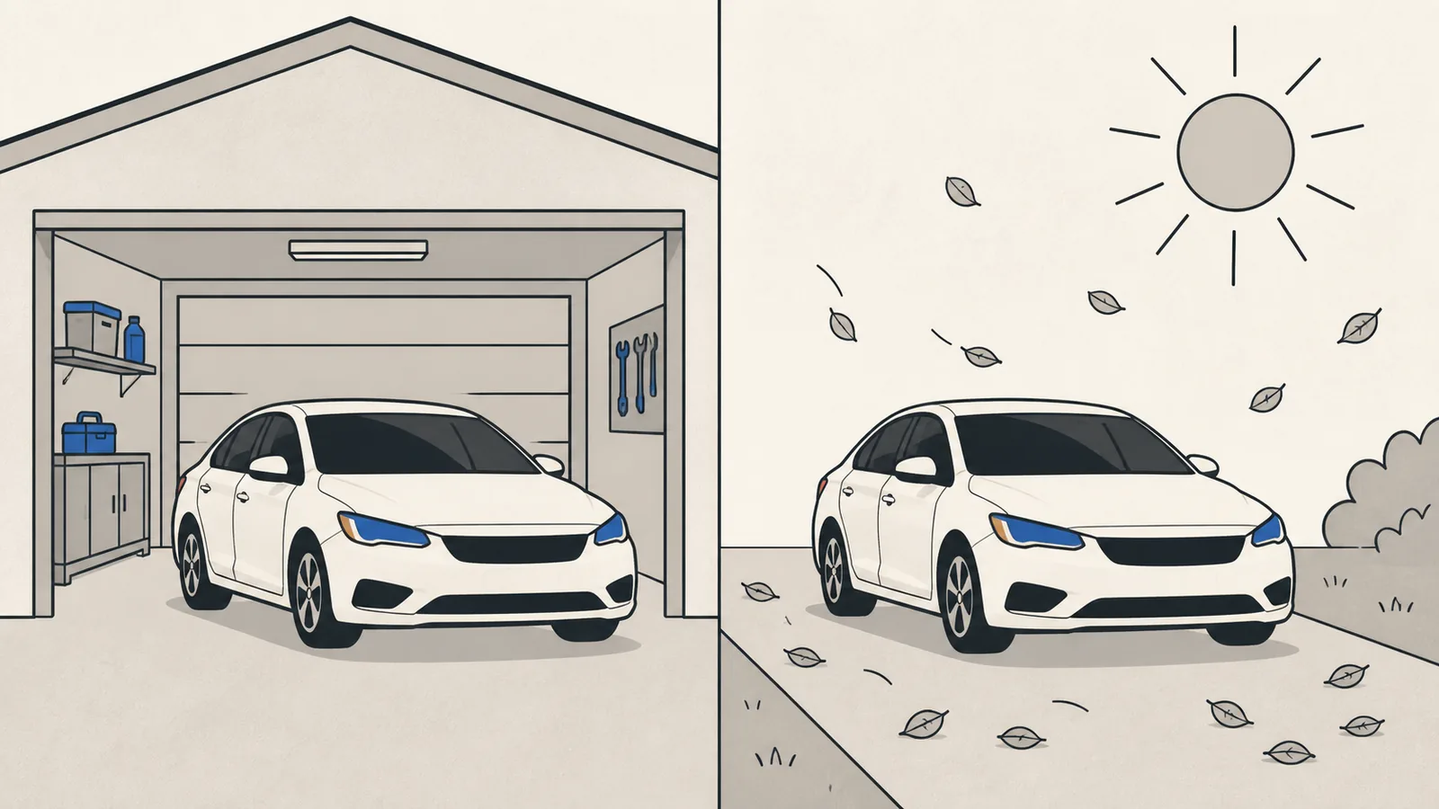 Flat split illustration of a car inside a closed garage on the left and the same car outside on a driveway under sun and falling leaves on the right.