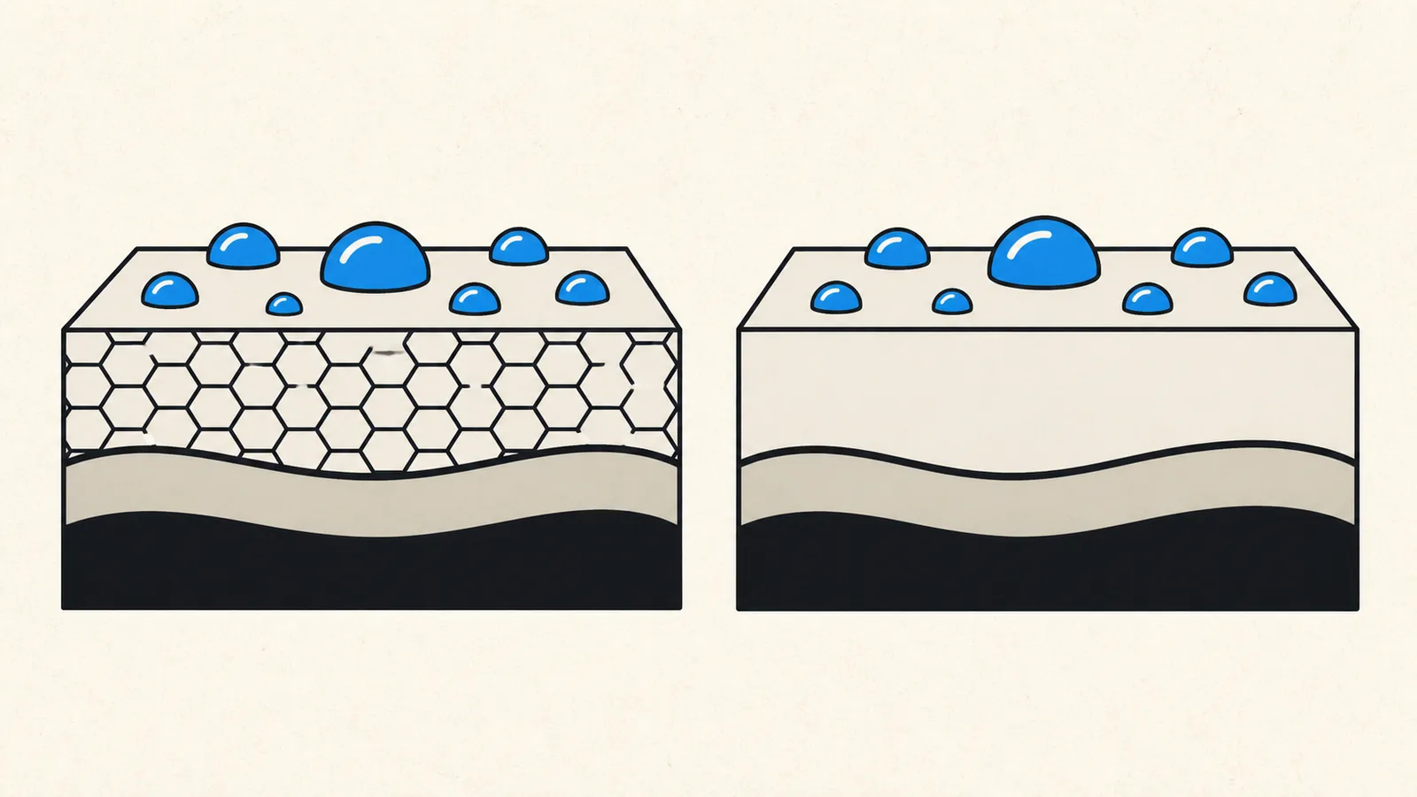 Flat illustration of two magnified coating layers over paint, one a hexagonal lattice and one a smooth glassy layer, both with water beads.