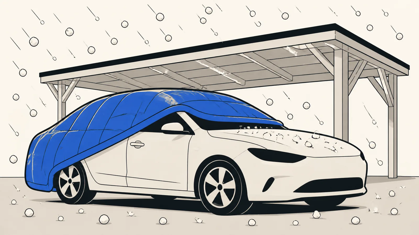 Flat illustration of hailstones falling toward a car with a thick protective cover half pulled over the roof and a covered carport behind.