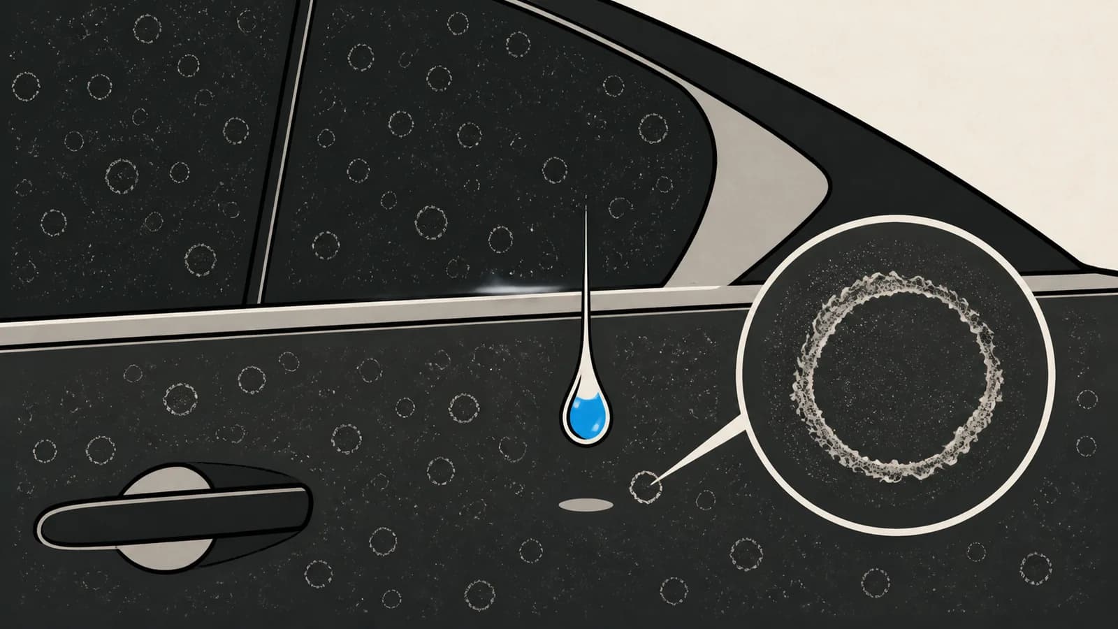 Flat illustration of chalky ring-shaped hard water spots etched across a dark car panel and glass.