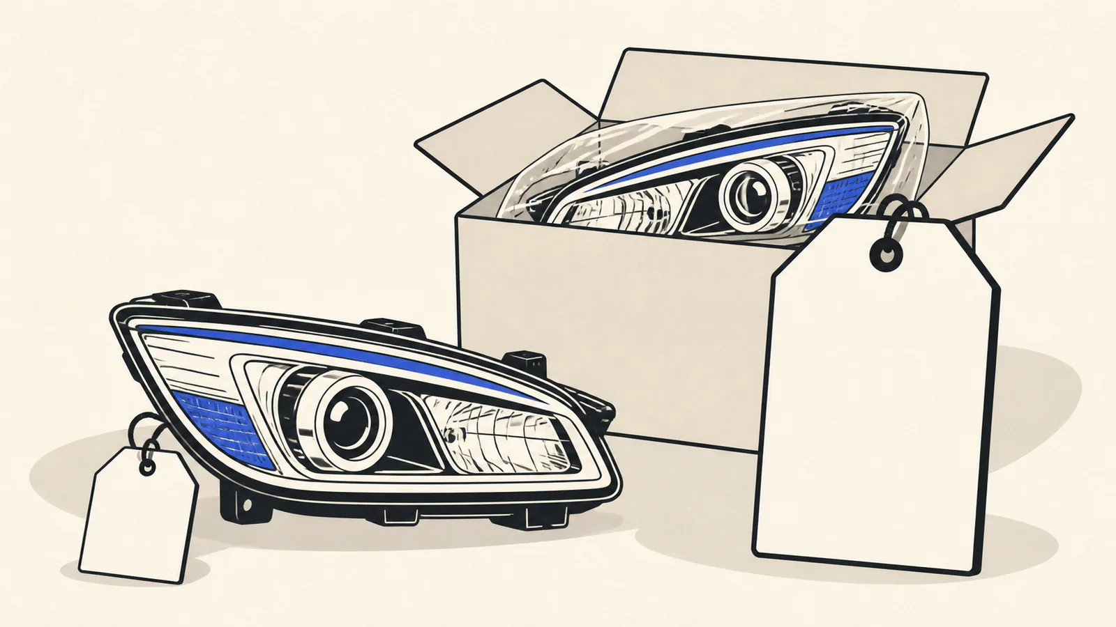 Flat illustration of a restored headlight beside a blank price tag, with a new sealed headlight unit in a box behind it at a much larger tag size.