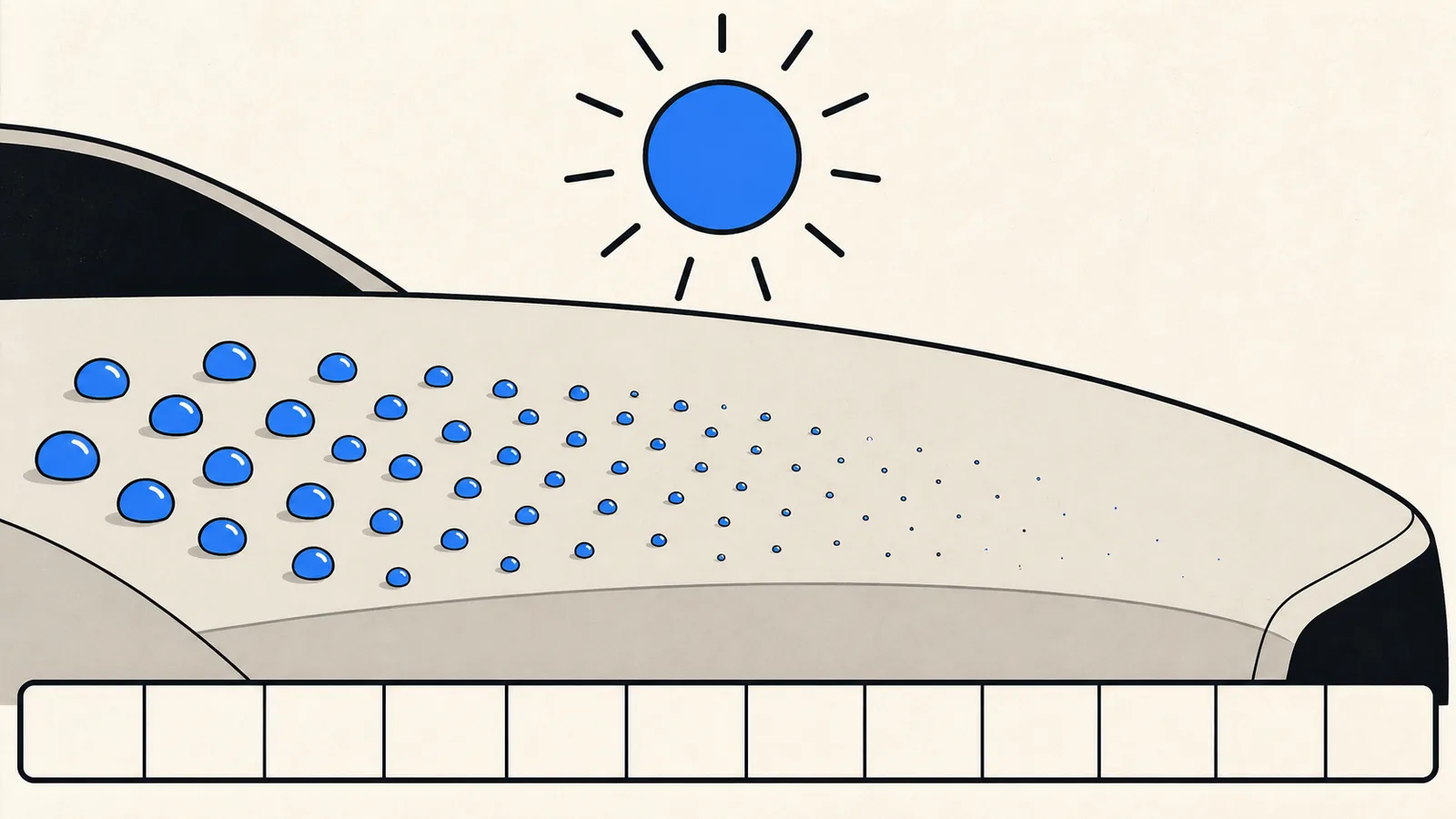 Flat illustration of a coated car panel under a hot sun with water beads shrinking from left to right across a calendar strip of months.
