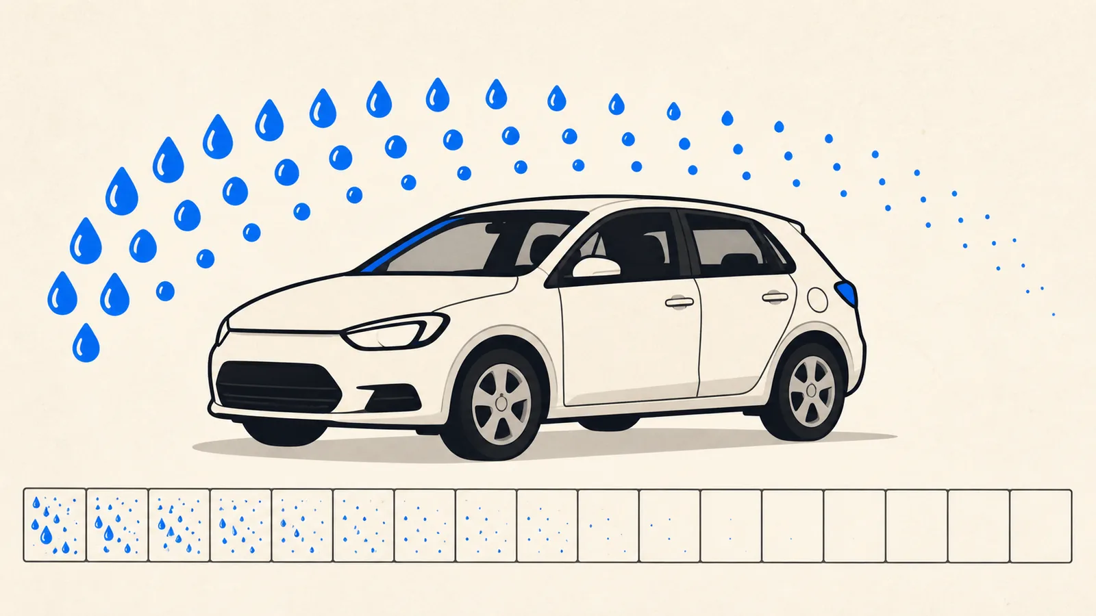 Flat illustration of a car under an arc of water beads that thins from left to right, with a calendar strip counting weeks beneath it.