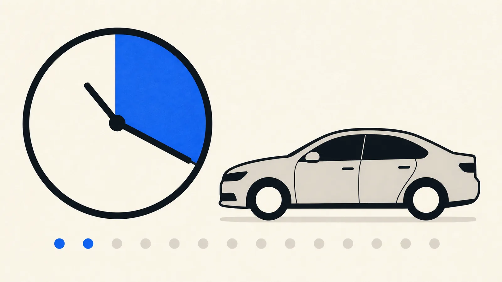Flat illustration of a large clock face sweeping an arc beside a car and a dotted progress timeline.