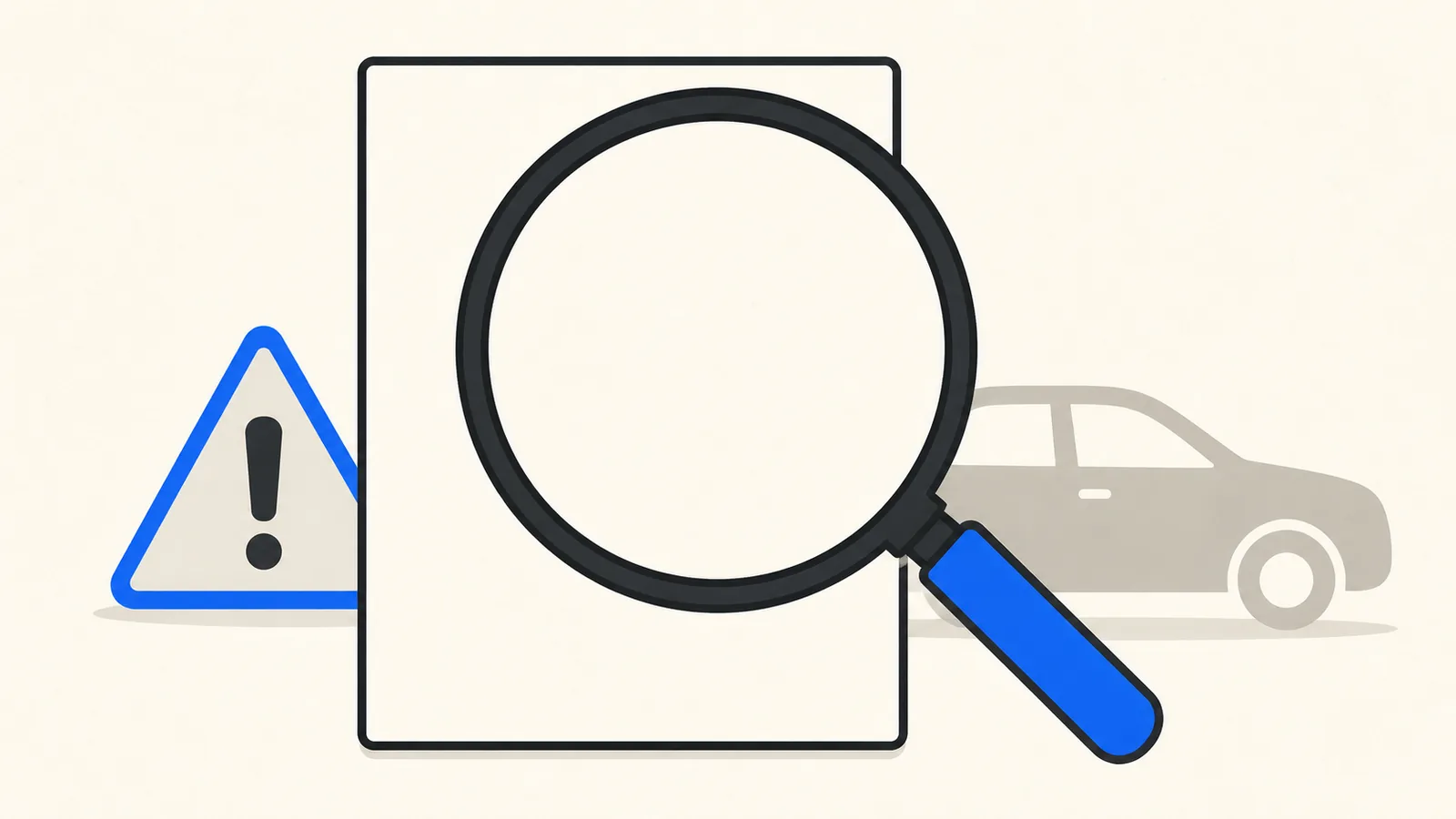 Flat illustration of a magnifying glass held over a blank quote sheet next to a small warning triangle and a car silhouette.