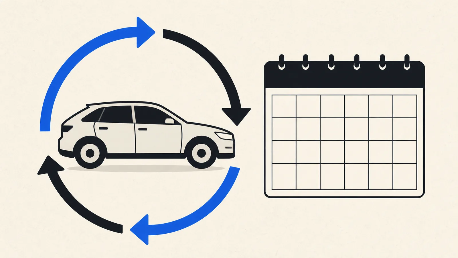 Flat illustration of a car inside a circular repeat arrow next to a blank calendar grid.