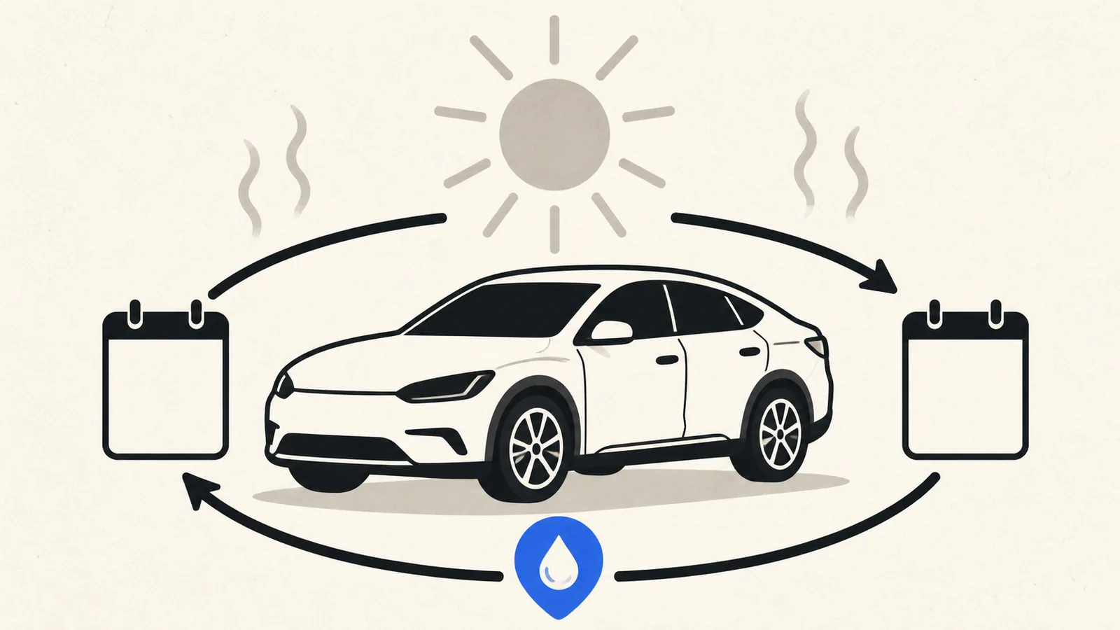 Flat illustration of a car under a hot sun with a repeating two-week calendar loop arrow circling it and a water droplet marker.