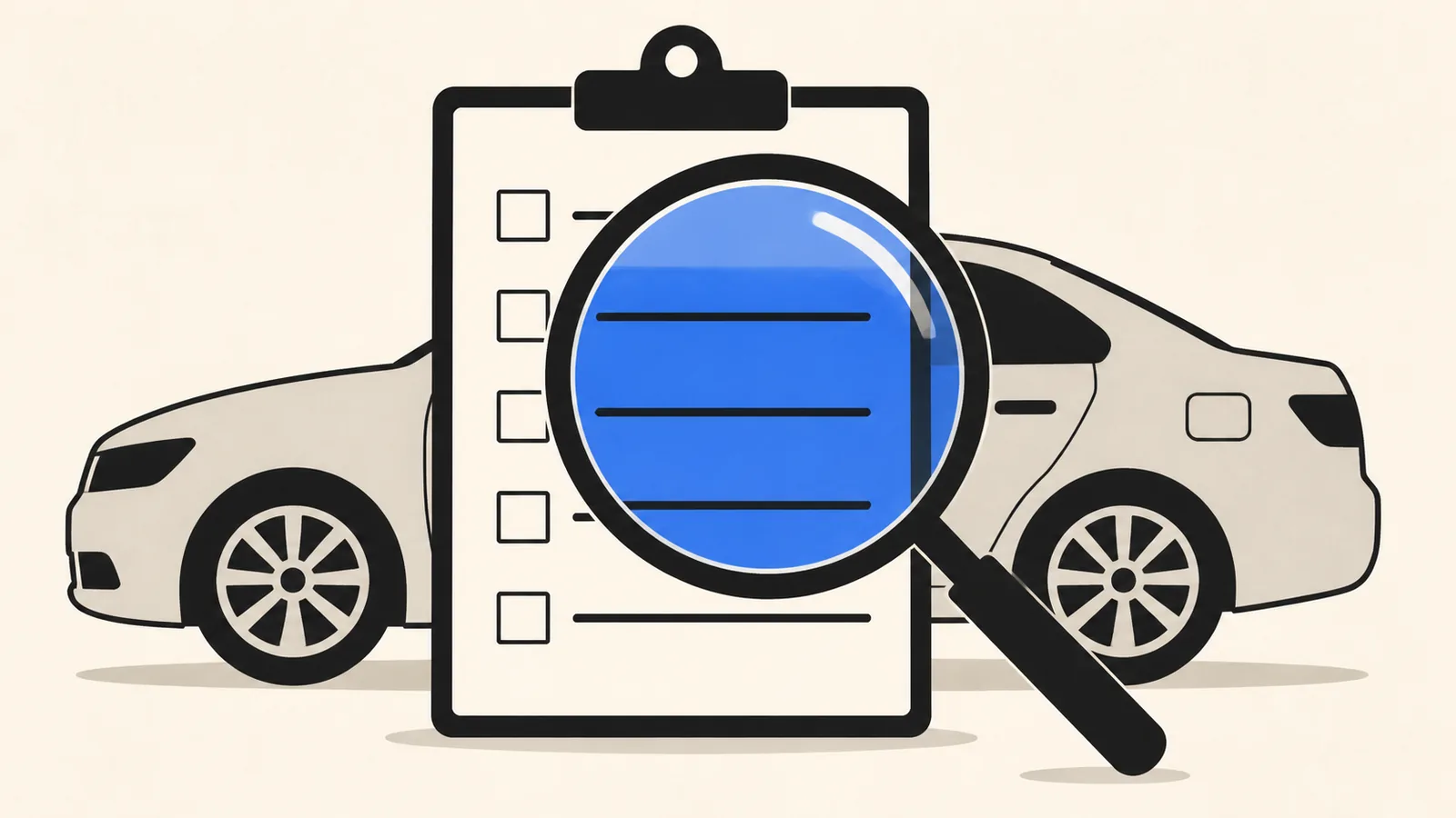 Flat illustration of a magnifying glass over a blank checklist clipboard with a car silhouette behind it.