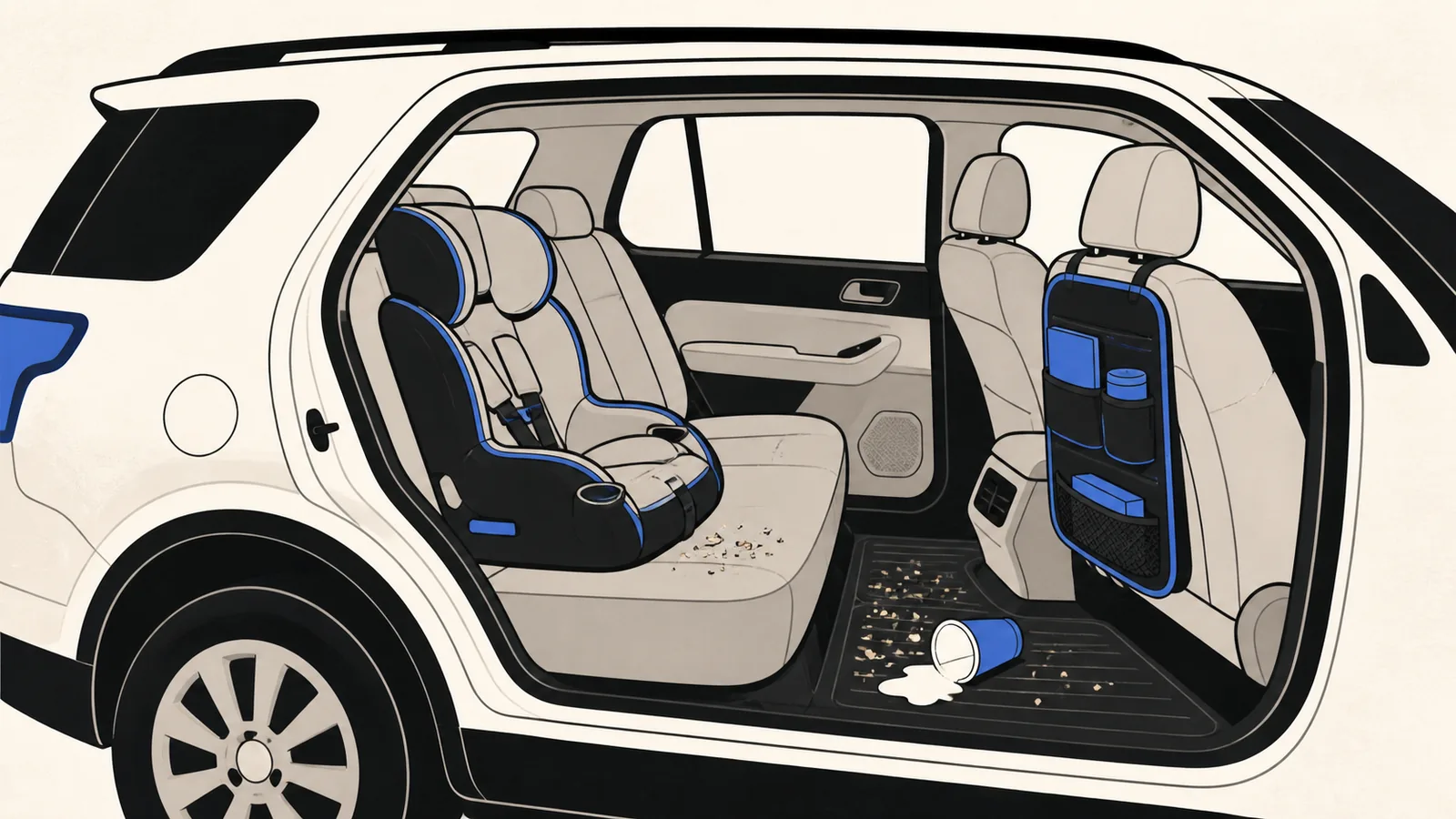 Flat cutaway illustration of a family SUV back seat with a child car seat, crumbs, a spill and a seat-back caddy.