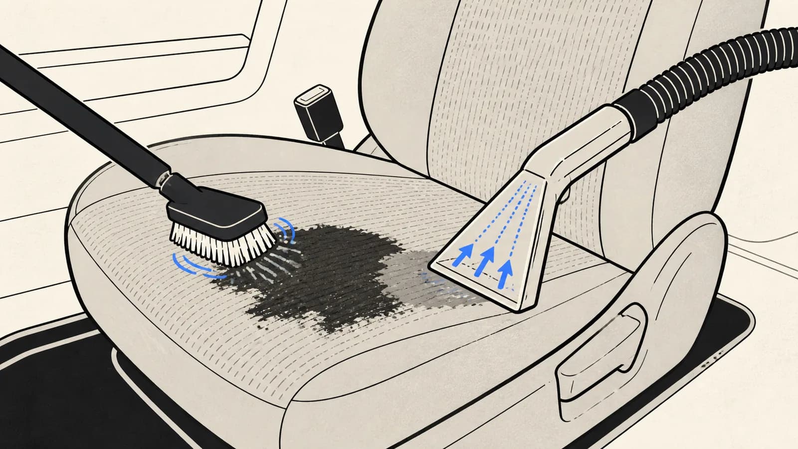 Flat illustration of a cloth car seat with a dark set-in stain, a brush agitating it, and an extraction wand lifting the moisture out.