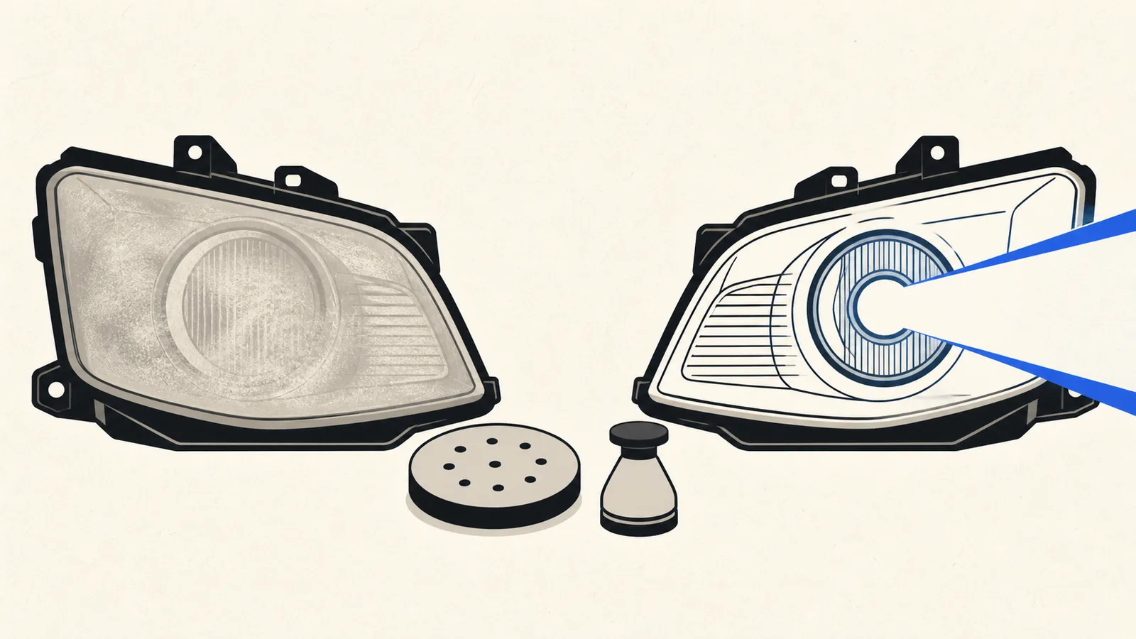 Flat illustration of two headlights side by side, one yellowed and cloudy and the other clear and throwing a bright beam, with a sanding pad and applicator between them.