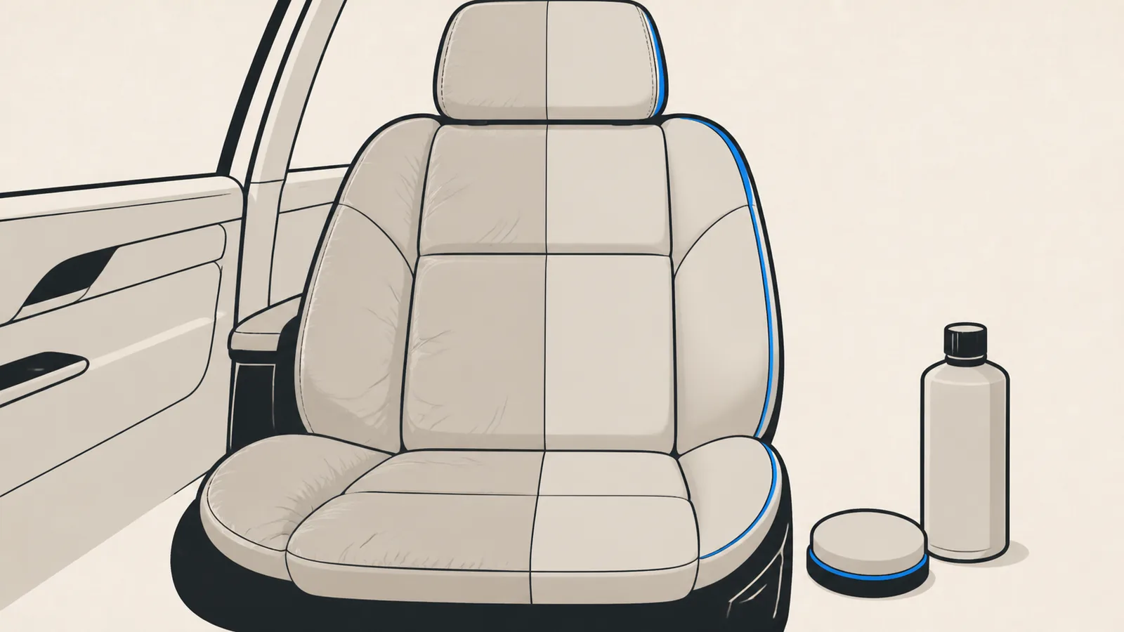 Flat illustration of a leather car seat, dull and dry on one half and cleaned and conditioned on the other, with an applicator pad and bottle beside it.