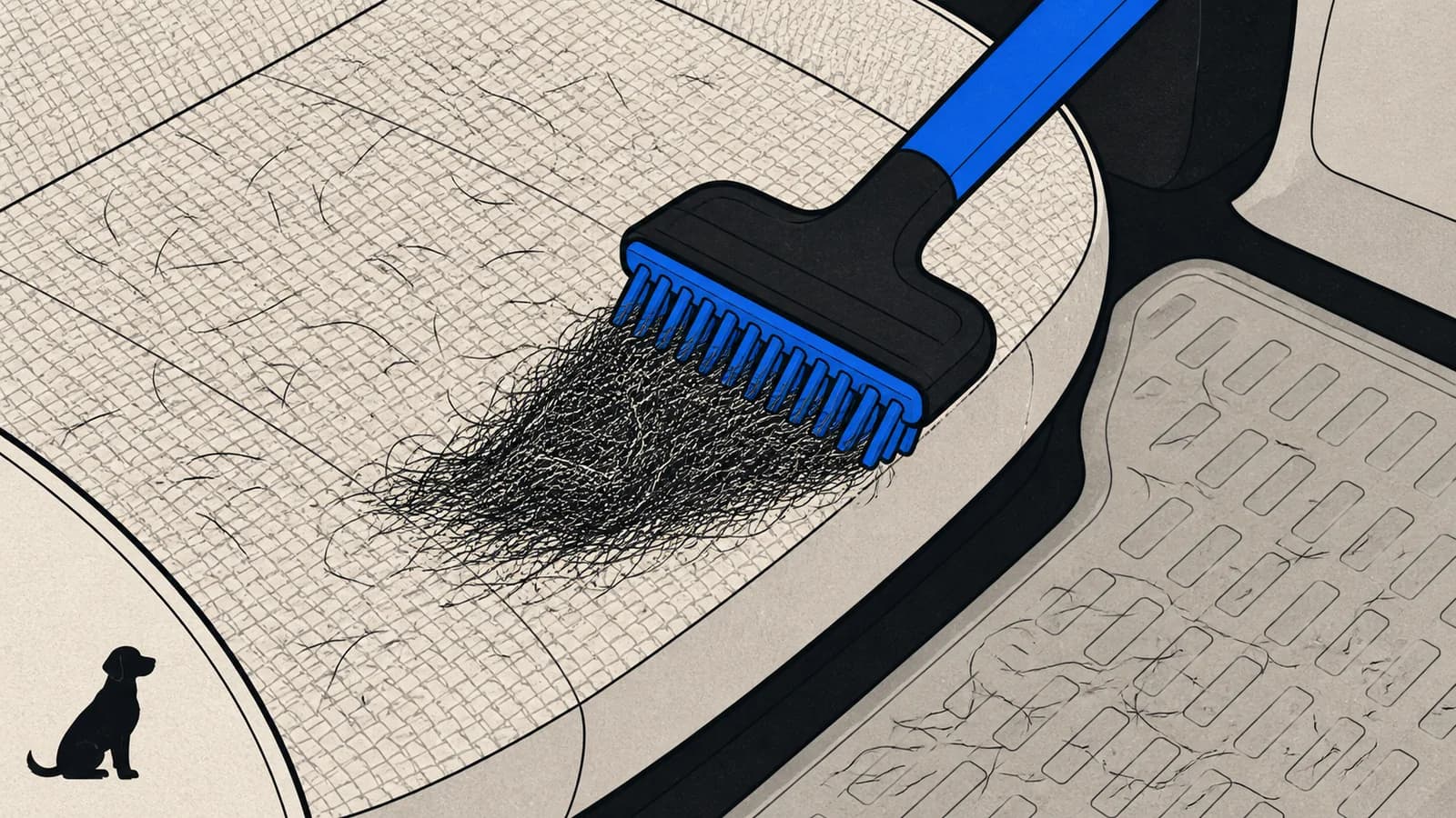 Flat illustration of a rubber brush pulling a clump of embedded pet hair off a car seat and floor mat.
