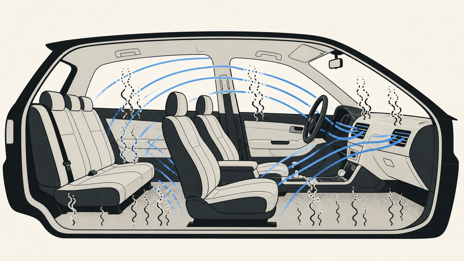 Flat illustration of odor waves rising from a car cabin being cancelled by clean sweeping arcs.