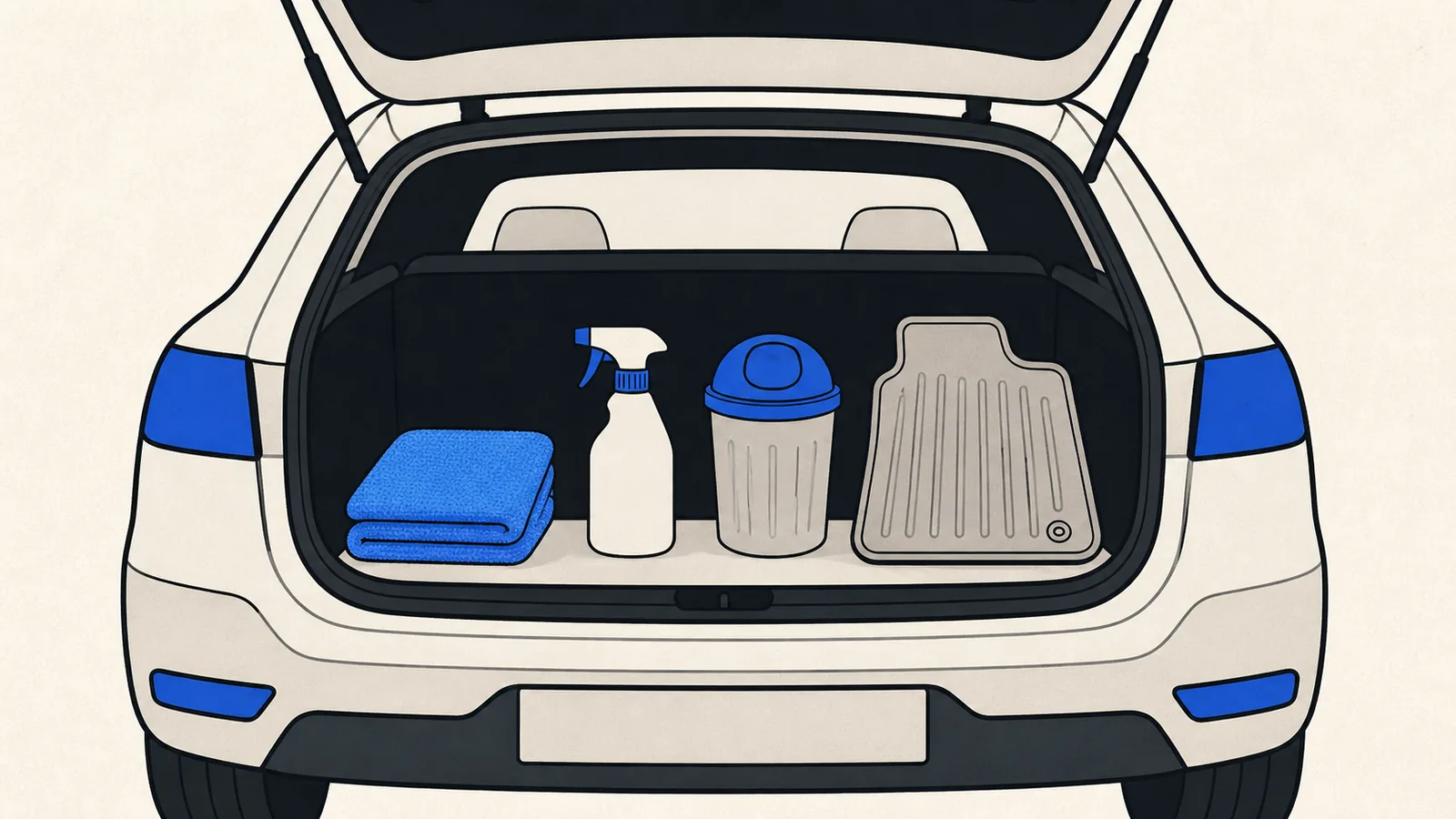 Flat illustration of an open car trunk holding a small kit: a folded microfiber towel, a spray bottle, a trash bin, and a floor mat.