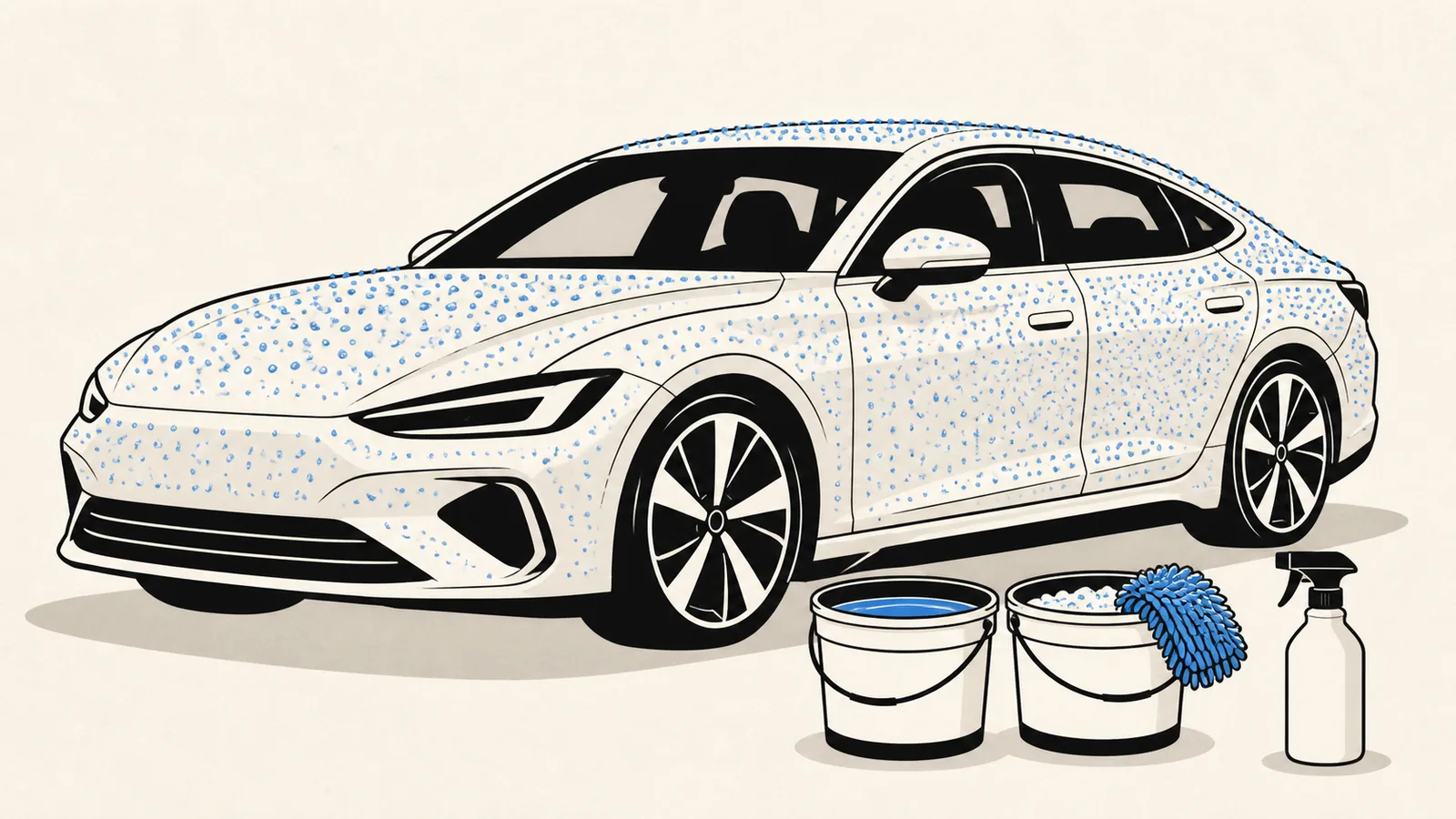 Flat illustration of a coated car being washed with two buckets and a soft mitt, with a maintenance spray bottle beside it and tight water beads on the paint.