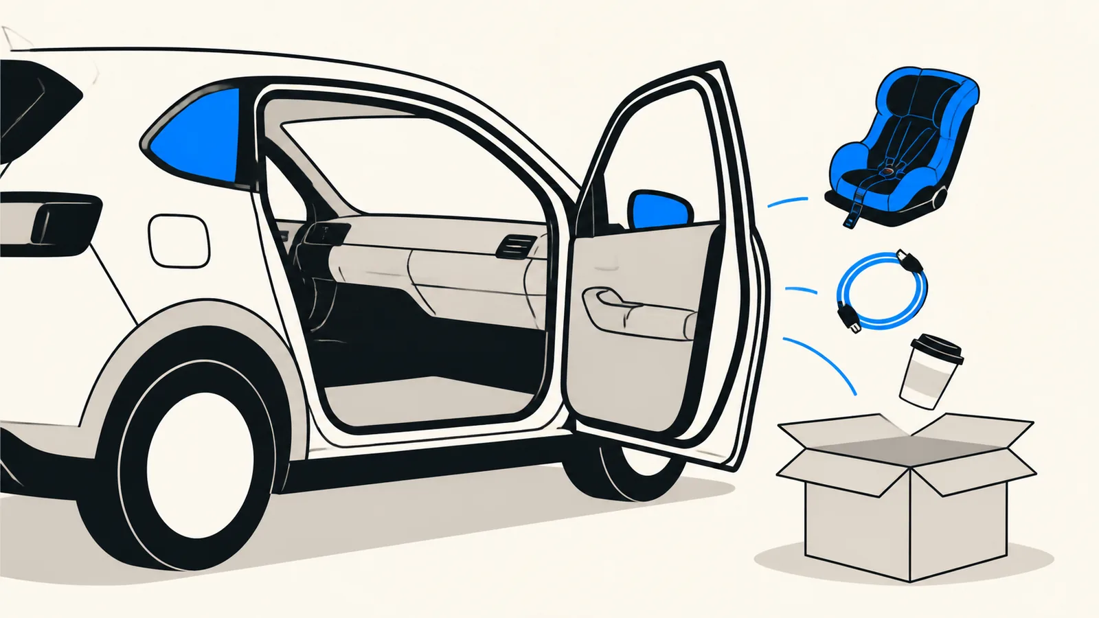 Flat illustration of an open car door with personal items being lifted into a box, leaving the cabin bare.
