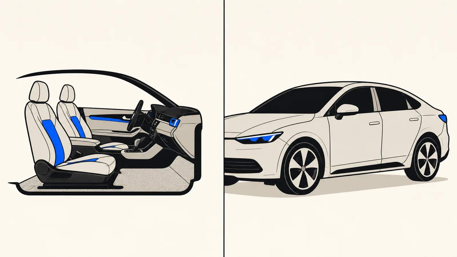 Flat split illustration with a car cutaway showing only seats and carpet on the left and the whole car including paint and wheels on the right.