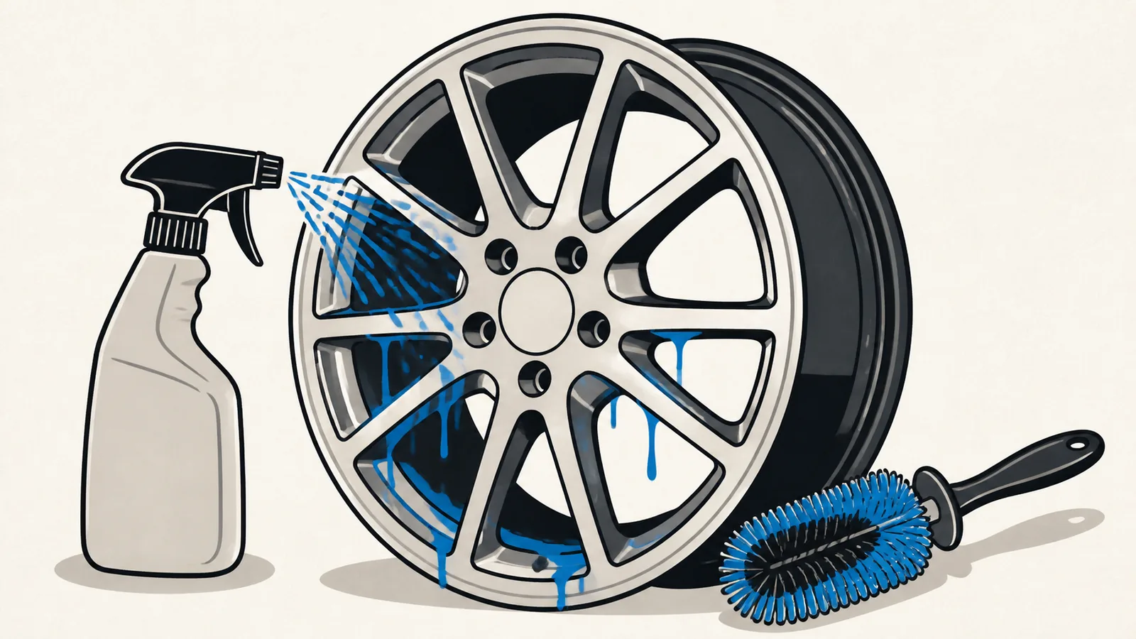 Flat illustration of a wheel being sprayed with iron remover running down the spokes into the barrel, with a dedicated wheel brush beside it.
