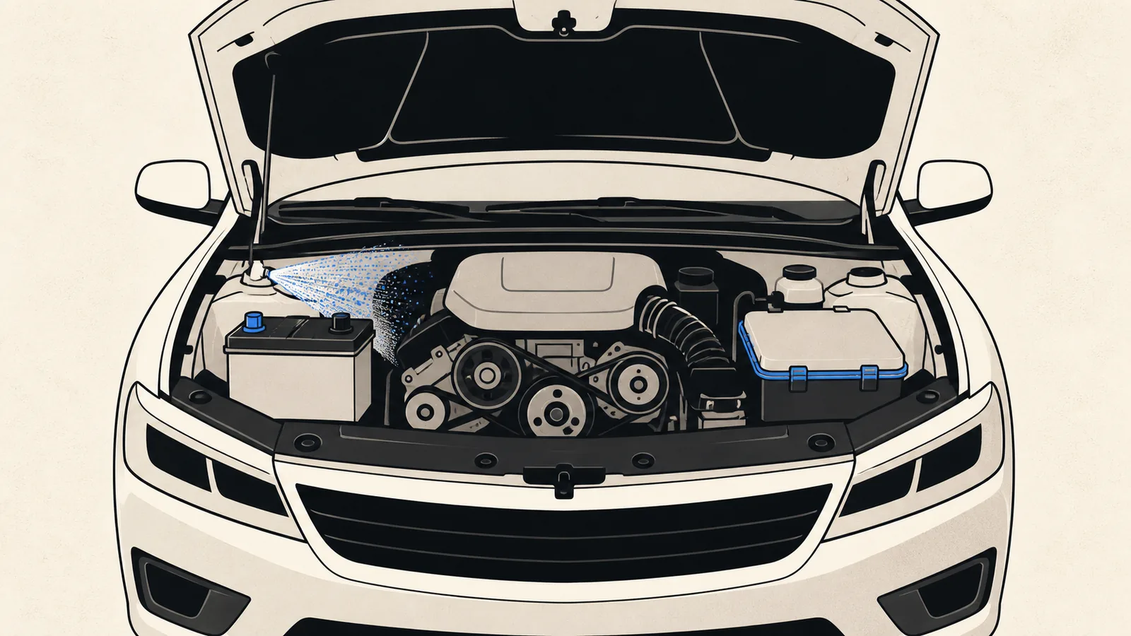 Flat illustration of an open hood showing a simplified engine bay with a fine mist spray and a sealed fuse box.