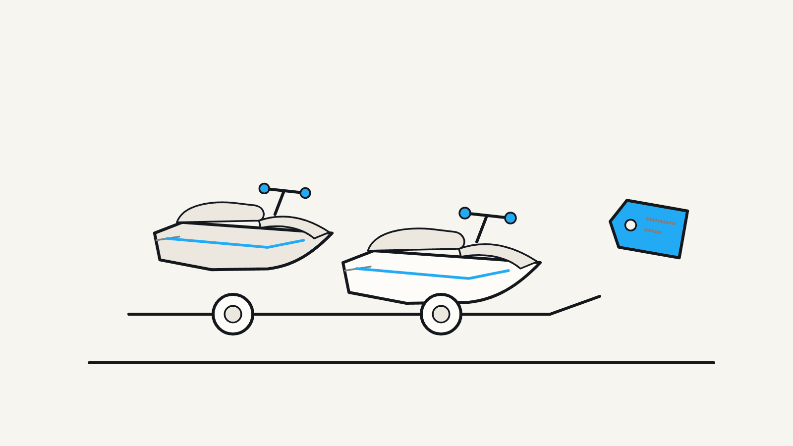 Flat illustration of two personal watercraft on a double trailer with a blank price tag between them.
