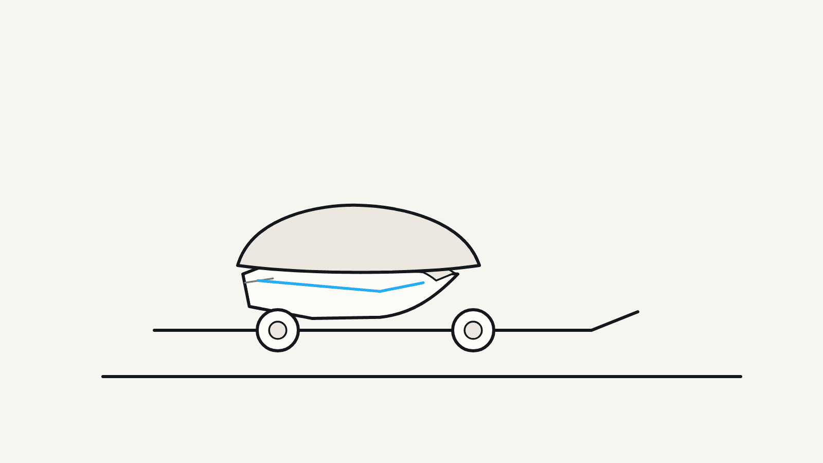 Flat illustration of a personal watercraft on a trailer under a breathable cover with the storage hatch propped open.