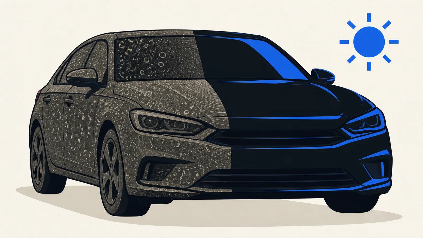 Flat illustration of a black car under direct sun showing dust, water spots, and fine swirls on one half and a flawless dark mirror finish on the other.