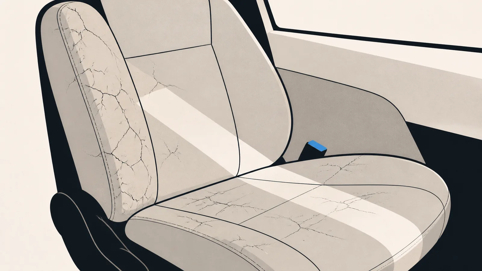 Flat illustration of a leather car seat with hairline cracks spreading under hard sunlight.