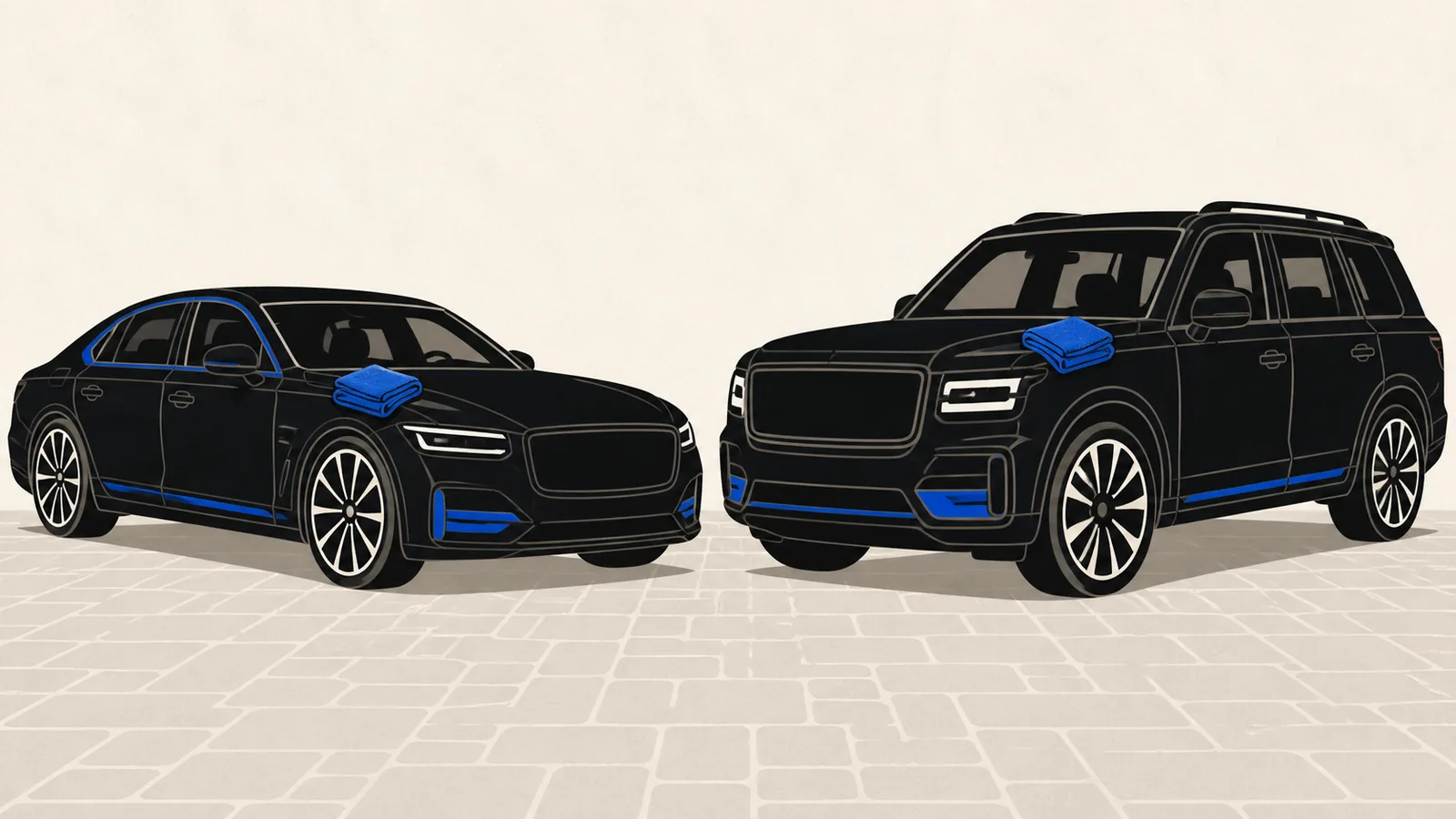 Flat illustration of a generic luxury sedan and a large luxury SUV nose to nose on a paver driveway with deep reflective paint and a folded towel on the fender.