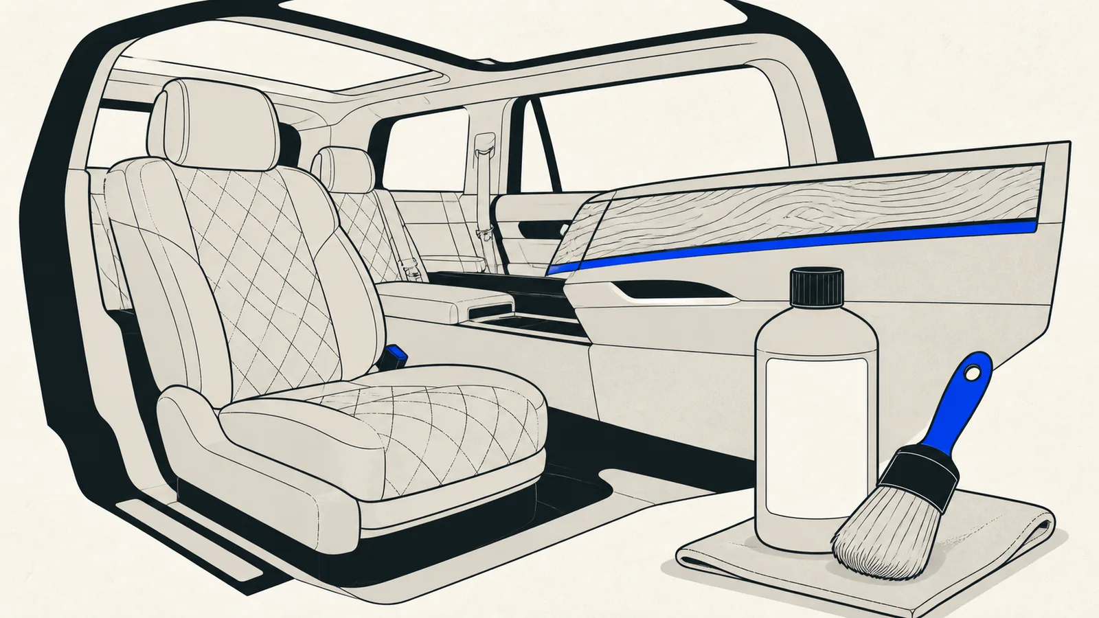 Flat cutaway illustration of a large SUV cabin showing a quilted leather seat and a wood trim panel, with a conditioner bottle and a soft brush beside them.