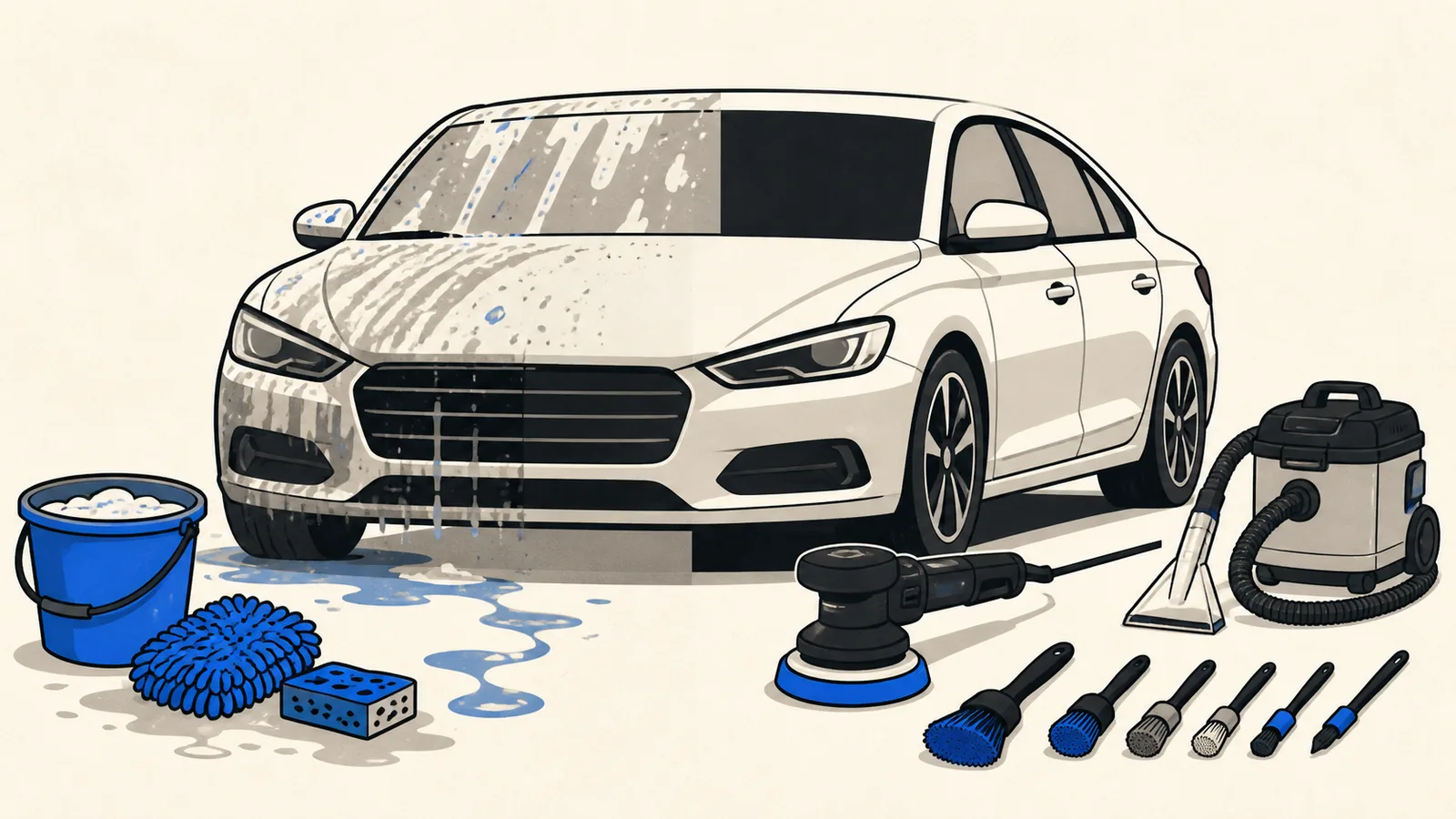 Flat split illustration of a quick hand wash with a single bucket on the left and a full detail with polisher, extractor, and brushes on the right.