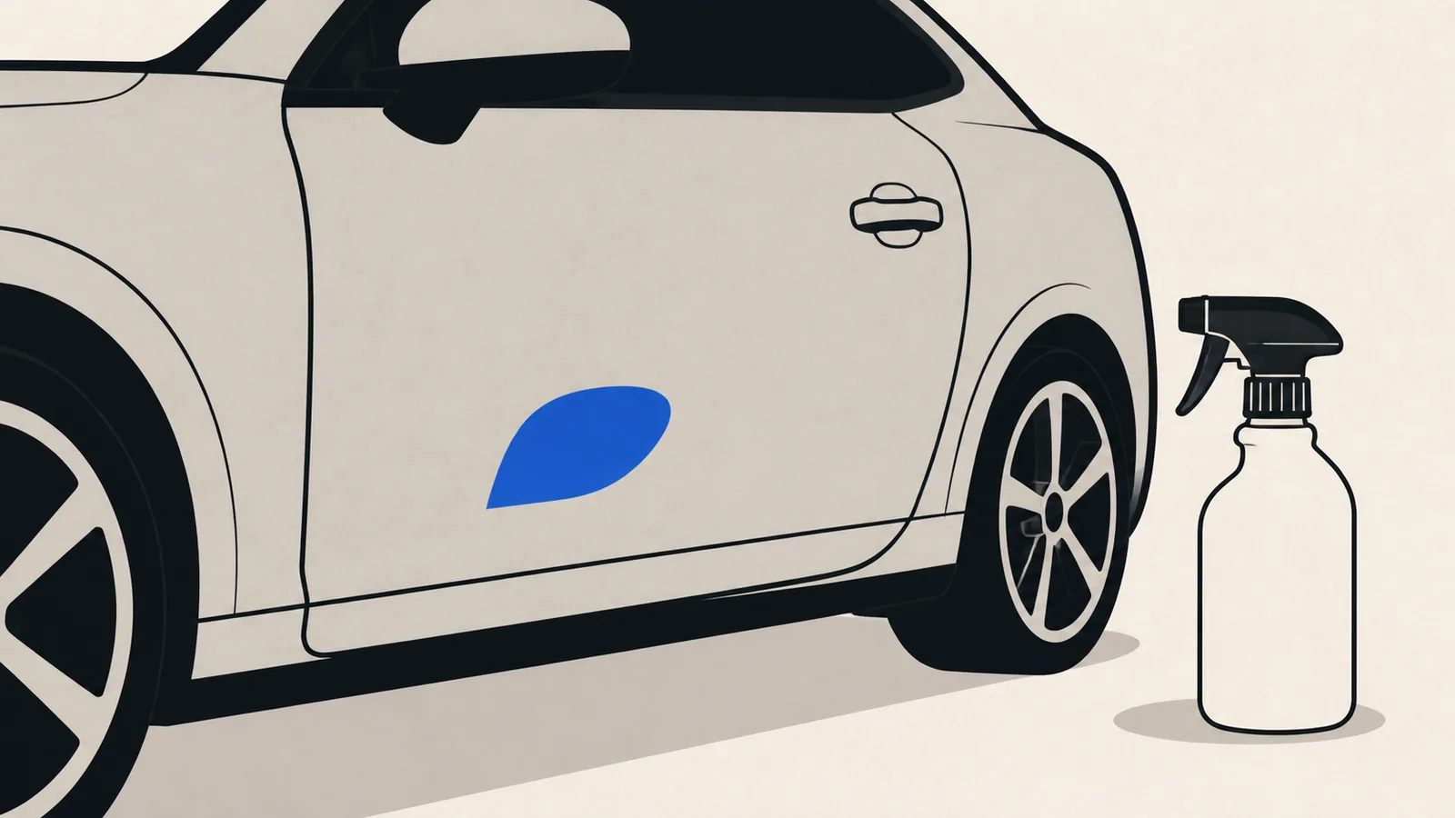 Flat illustration of a matte-finish car panel with a small glossy patch where it was polished by mistake, and a matte-safe spray bottle beside it.