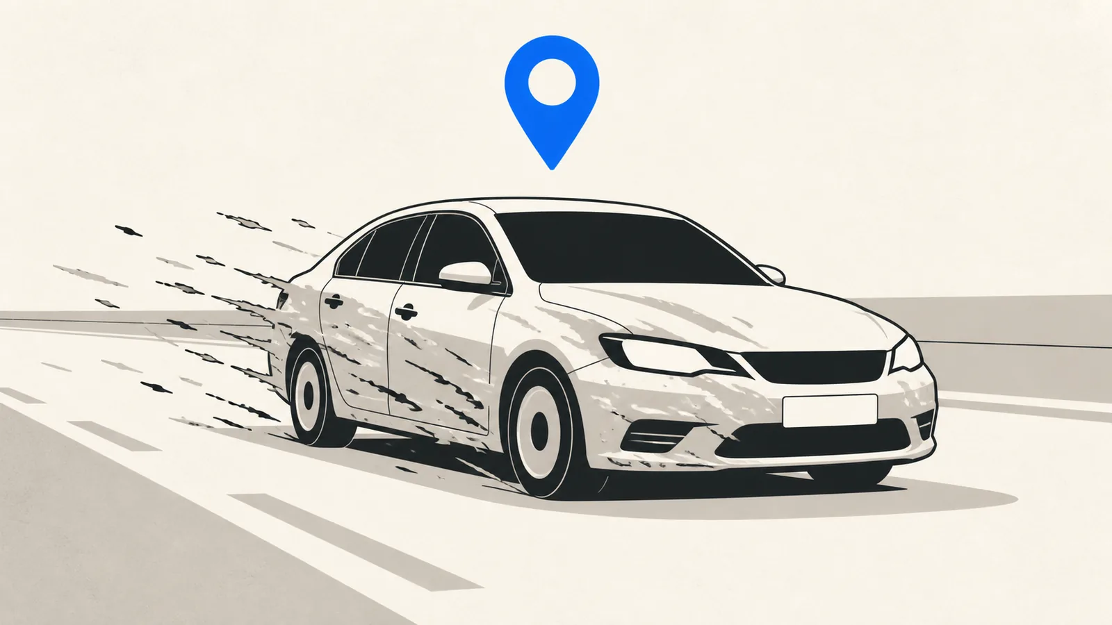 Flat illustration of a commuter sedan on a simplified expressway lane with road film streaking off it and a map pin above.