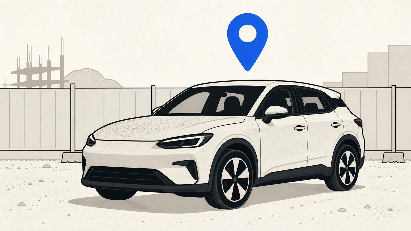 Flat illustration of a new car parked near a construction site fence with fine dust settling on the hood, and a map pin above.