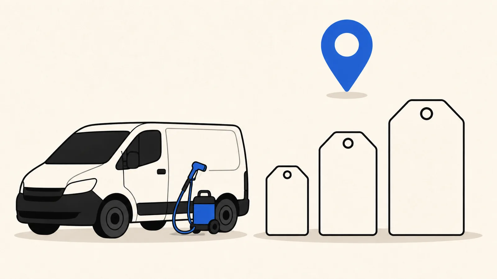 Flat illustration of a mobile detailing van beside three blank price tags of rising size, with a simplified map pin above them.