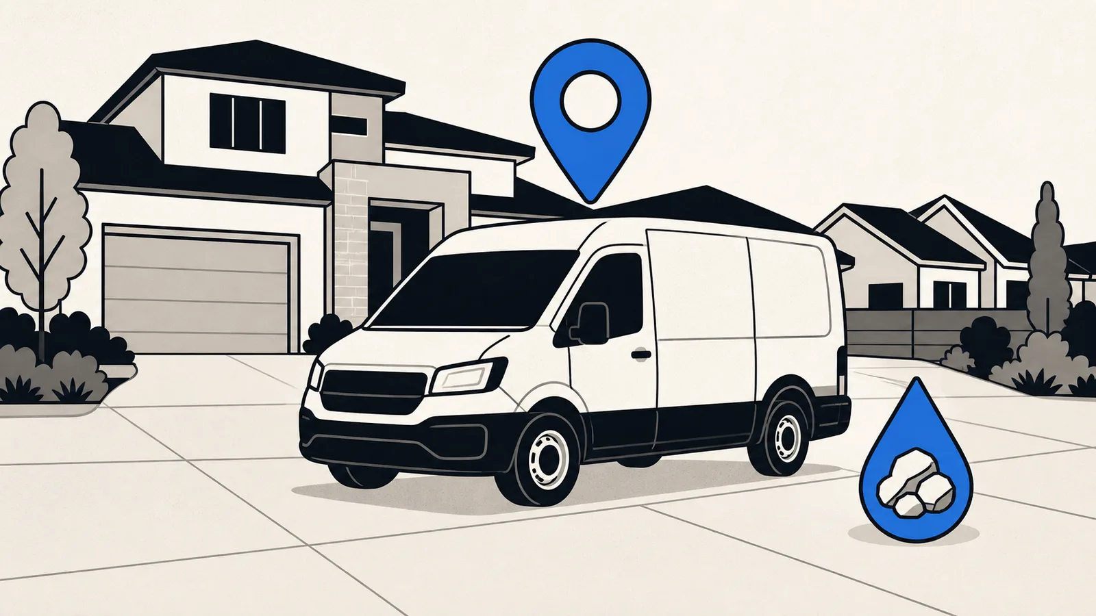 Flat illustration of a detailing van in a wide new-build suburban driveway with a map pin above it and a water hardness droplet marker beside it.