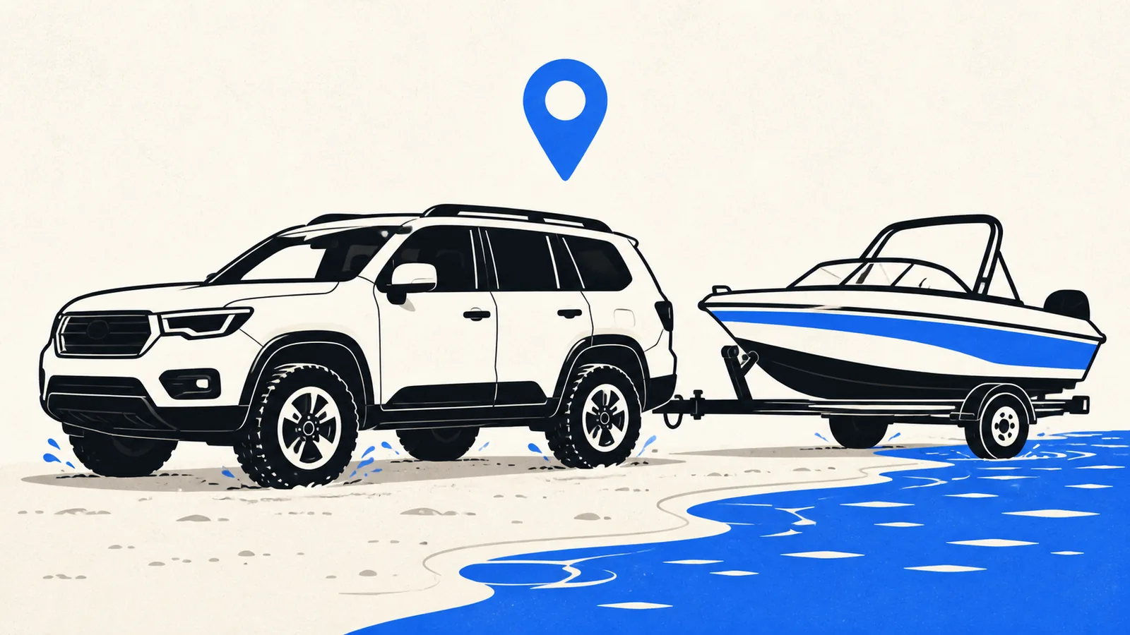 Flat illustration of an SUV with a trailer hitch beside a lake shoreline, with sand and water droplets around the wheels and a map pin above.