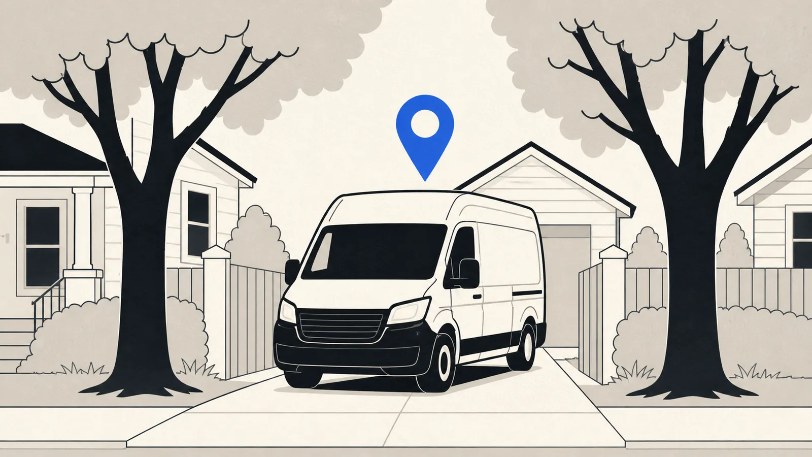 Flat illustration of a detailing van fitting into a narrow older-neighbourhood driveway between two mature trees, with a map pin above.