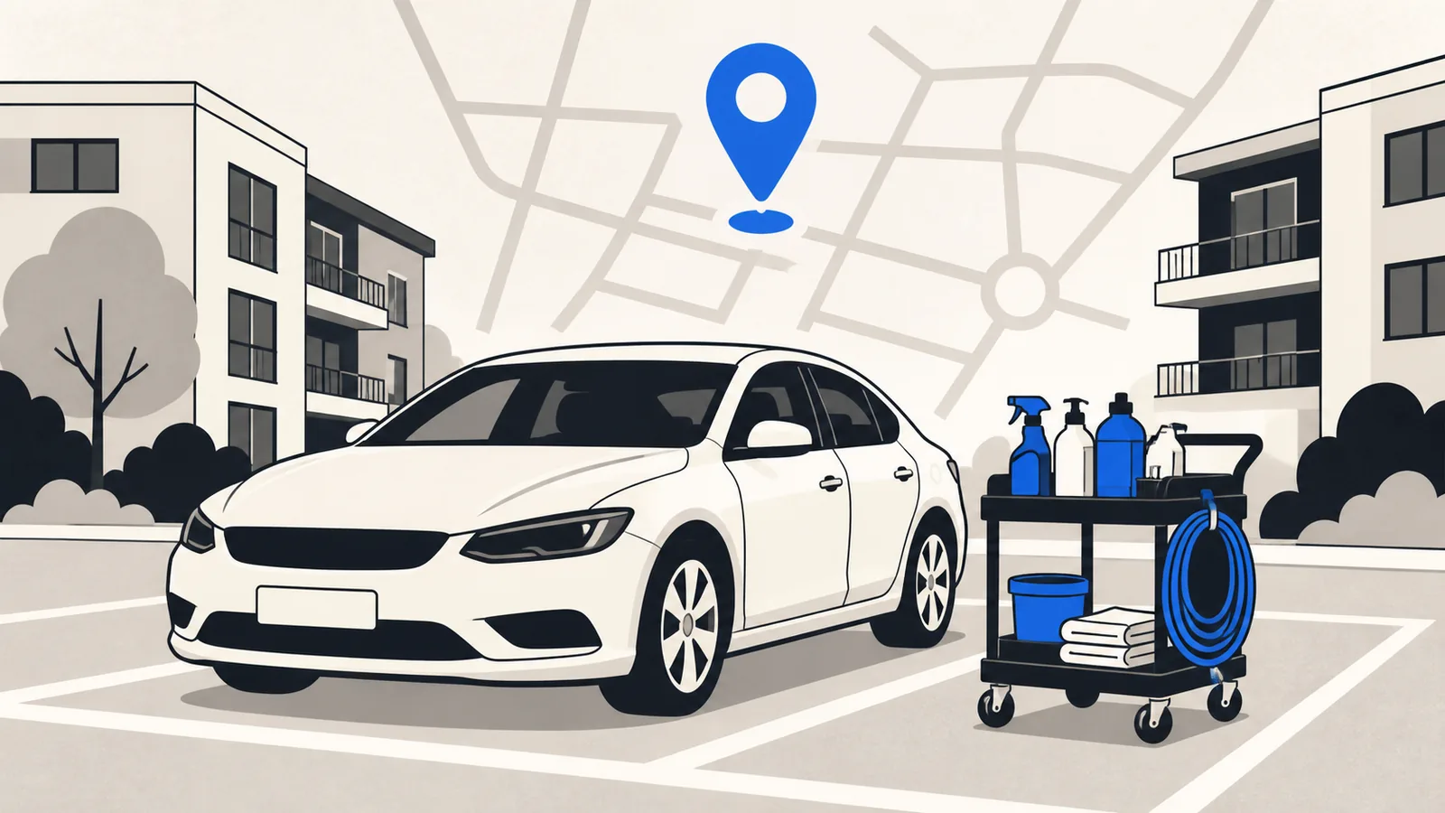 Flat illustration of a car in an apartment complex parking bay with a compact detailing cart and a map pin above a simplified street grid.