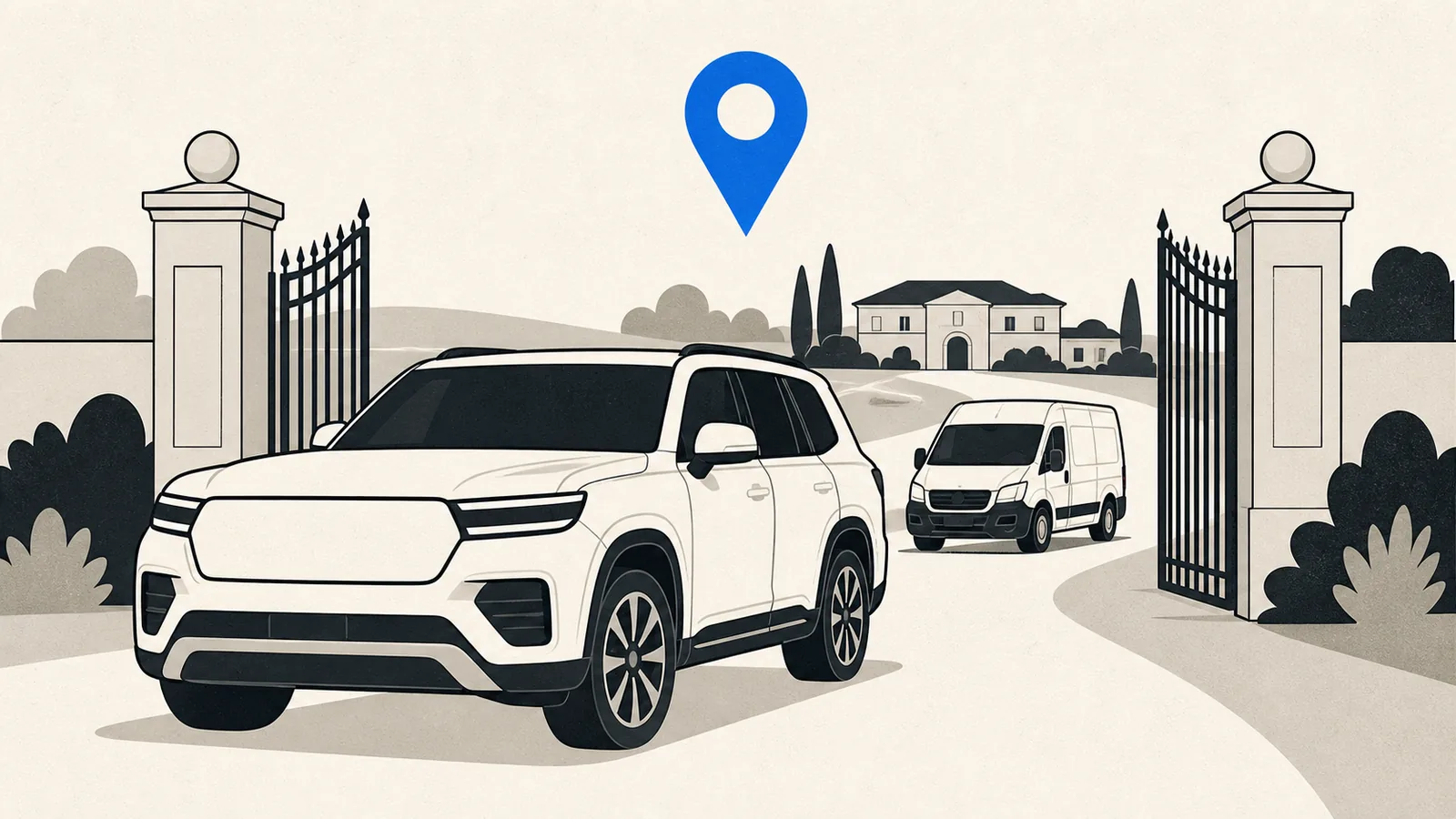 Flat illustration of a large luxury SUV on a long gated driveway with a detailing van behind it and a map pin above.