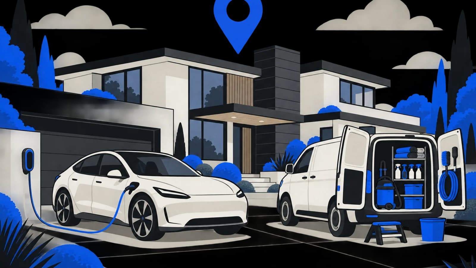 Flat illustration of a sleek electric car charging on the driveway of a large modern house with a detailing van beside it and a map pin above.
