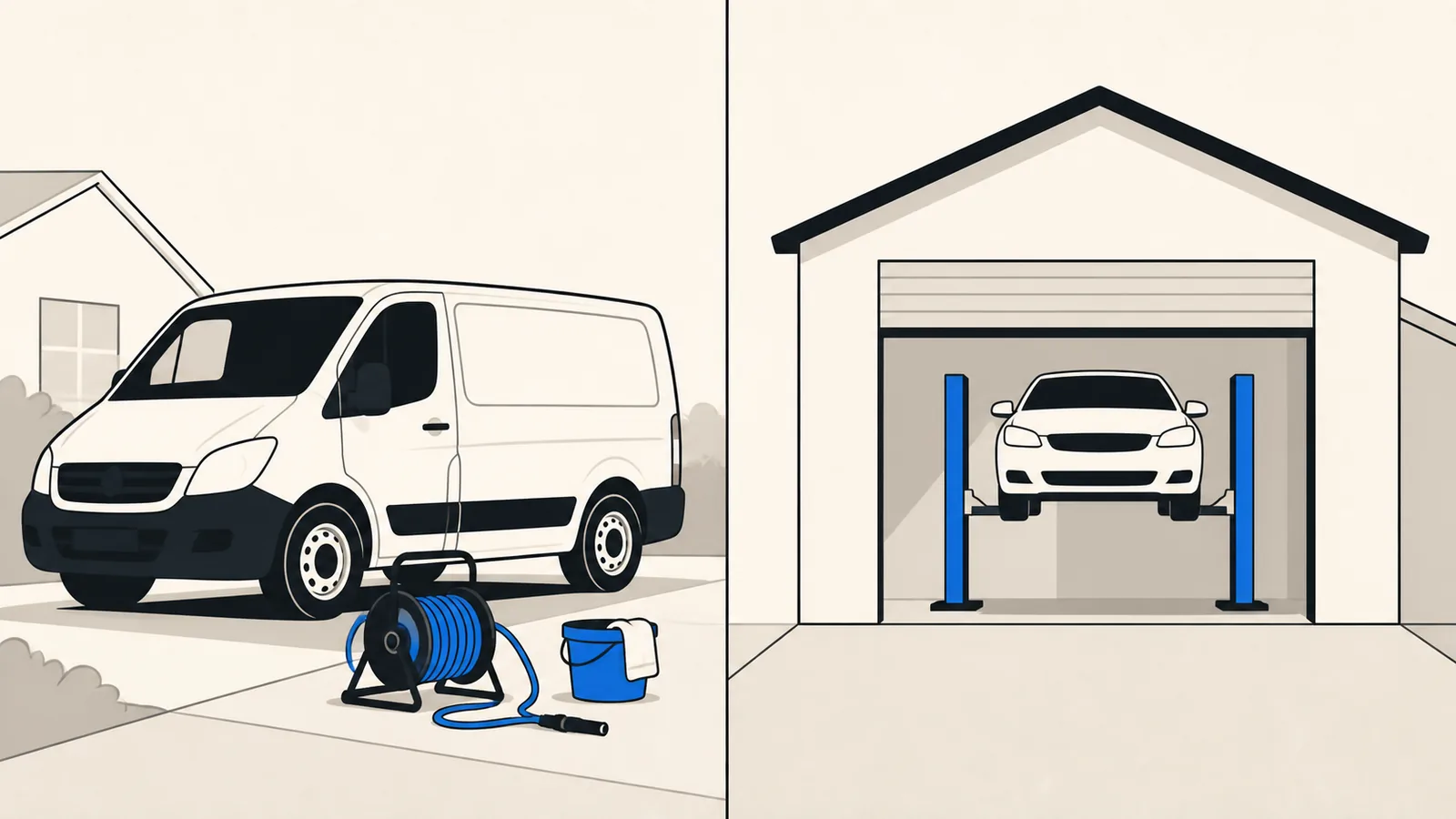 Flat split illustration comparing a mobile detailing van in a driveway with a fixed detail shop bay.