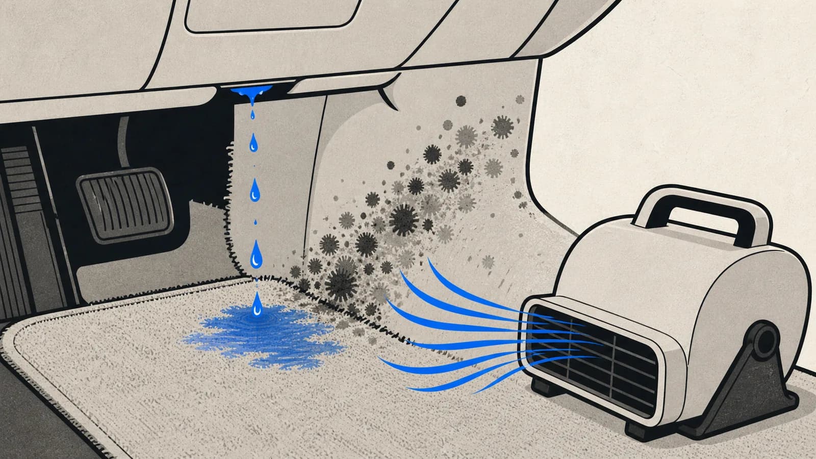 Flat illustration of a damp car footwell with mold blooms spreading up the carpet edge, a drip above it, and an air mover pointed at it.