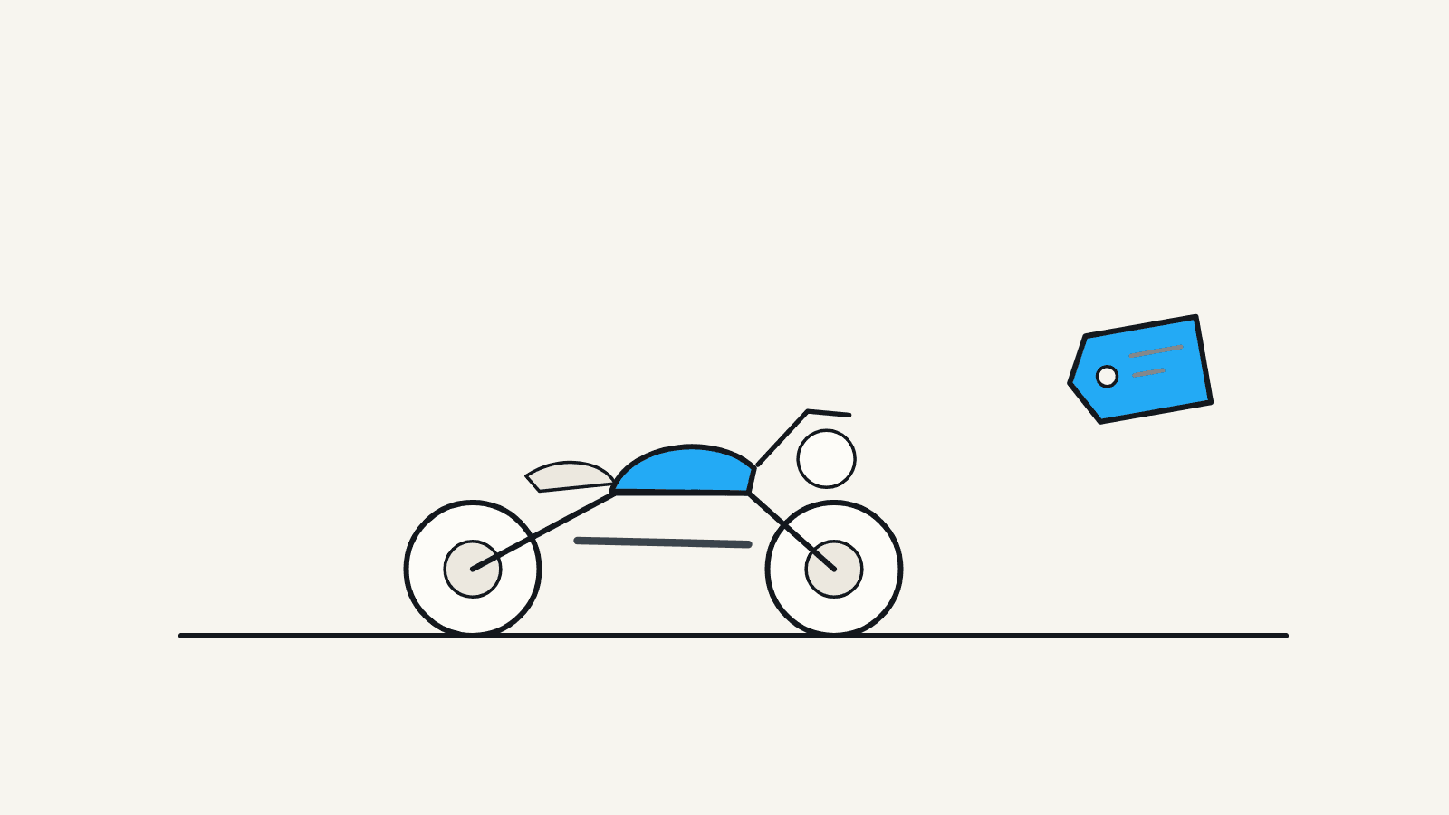 Flat illustration of a cruiser motorcycle in profile with a blank price tag hanging from the handlebar.