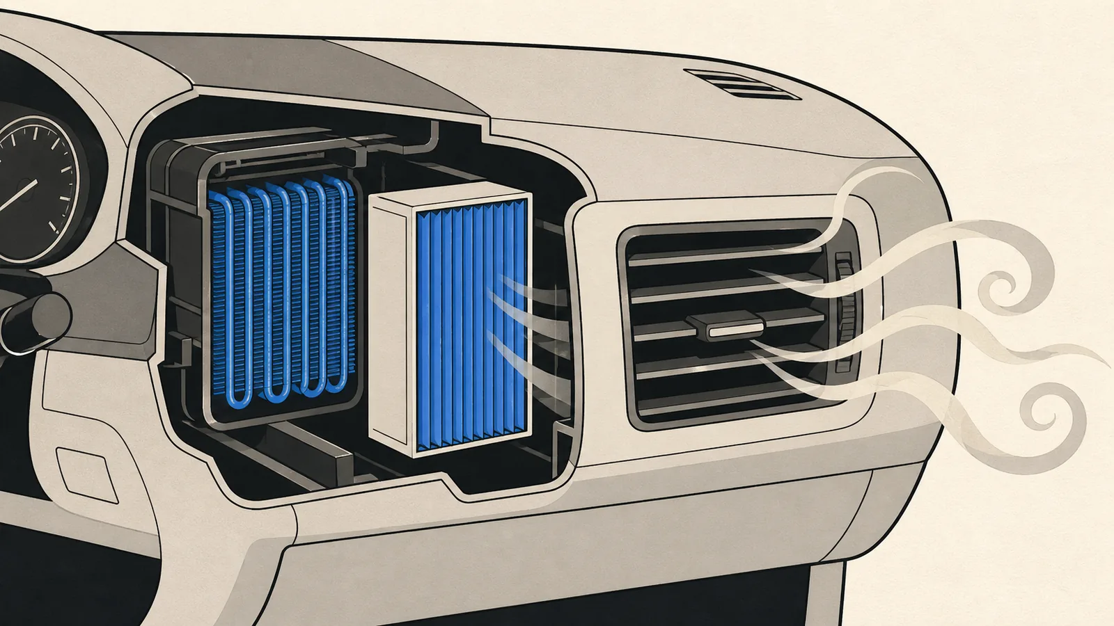Flat cutaway illustration of a car dashboard showing the cabin air filter and evaporator behind a vent, with musty waves coming out of the louvres.