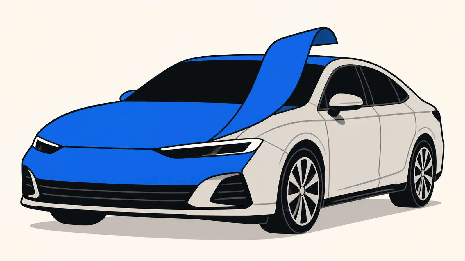 Flat illustration of a new car with a sheet of blue protective transport film being peeled back off the hood.