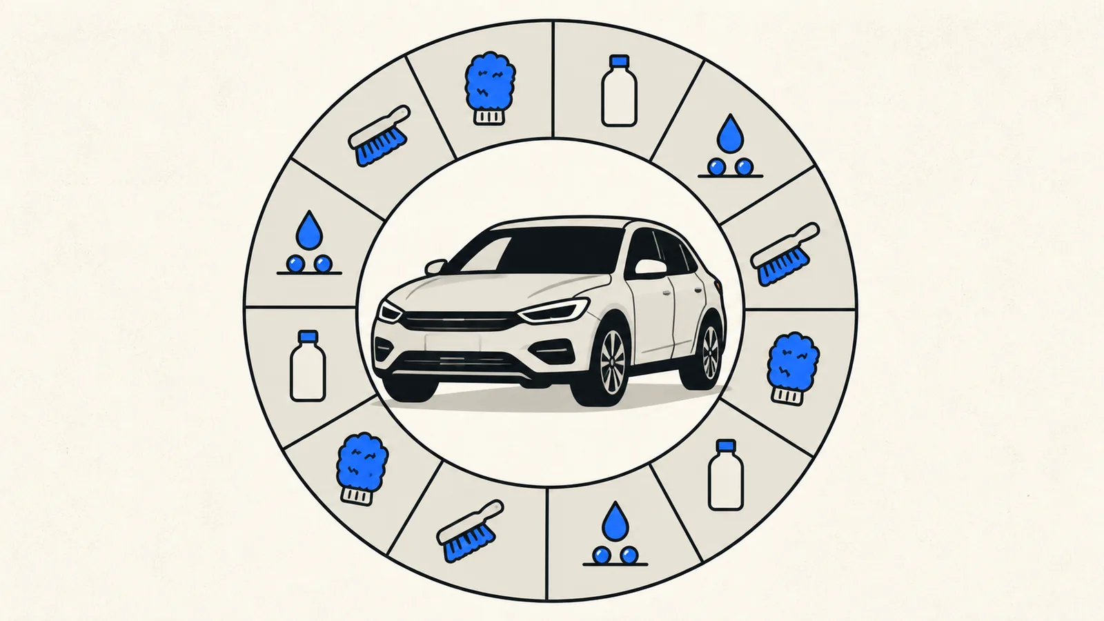 Flat illustration of a new car surrounded by a twelve-segment ring, each segment carrying a small care icon such as a wash mitt, a bottle, and a water bead.