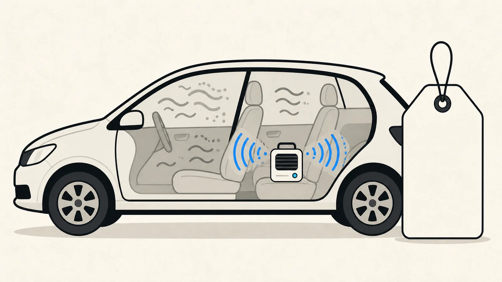 Flat illustration of an ozone generator on a car seat with the doors closed, odor waves being cancelled inside the cabin, and a blank price tag beside the car.