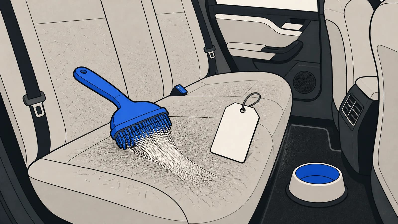 Flat illustration of a car back seat with embedded pet hair being pulled up by a rubber brush, with a blank price tag beside it and a dog bowl shape on the floor.